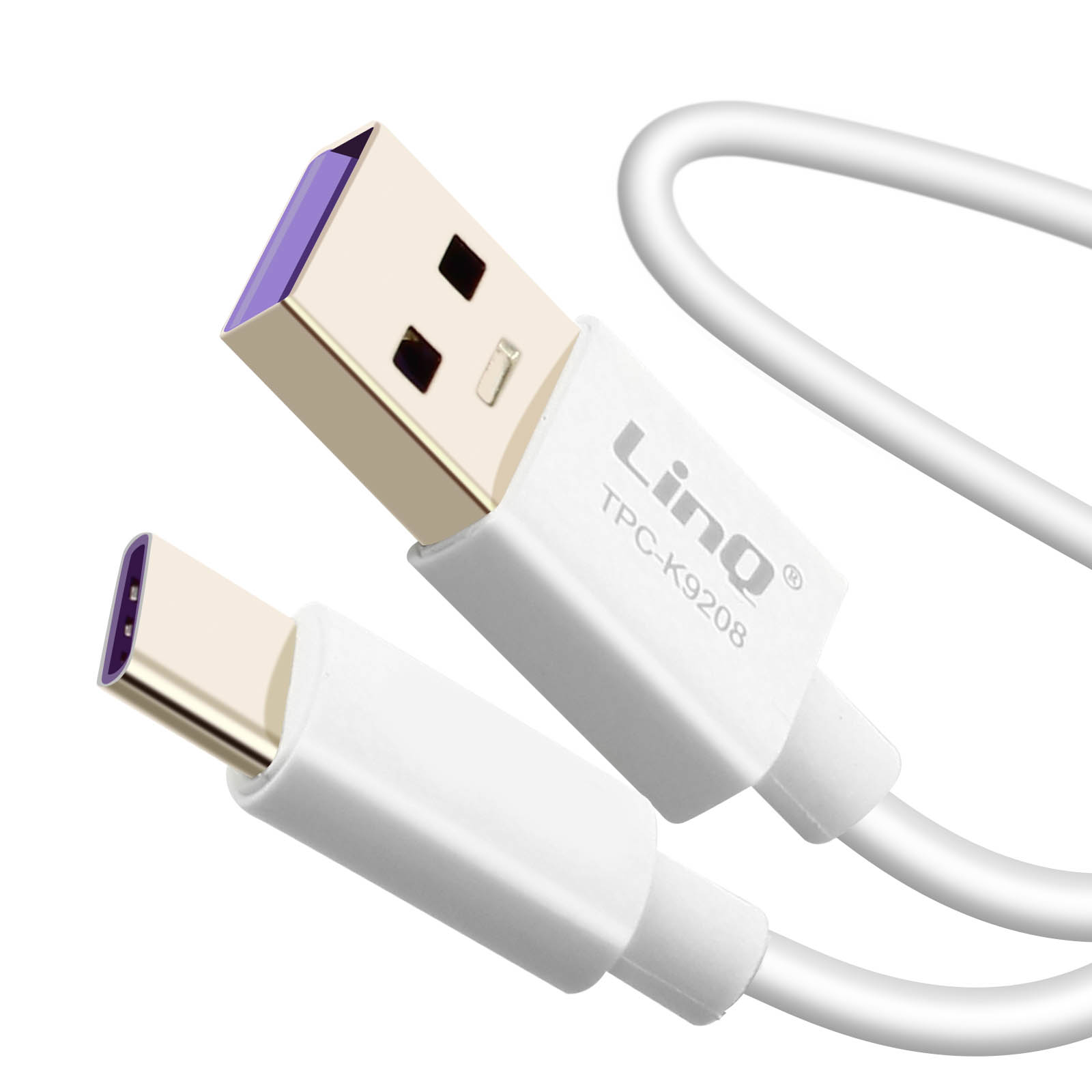 Cavo USB bianco con connettori dorati e interni viola. Il cavo è marchiato 'Linq TPC-K9208'.