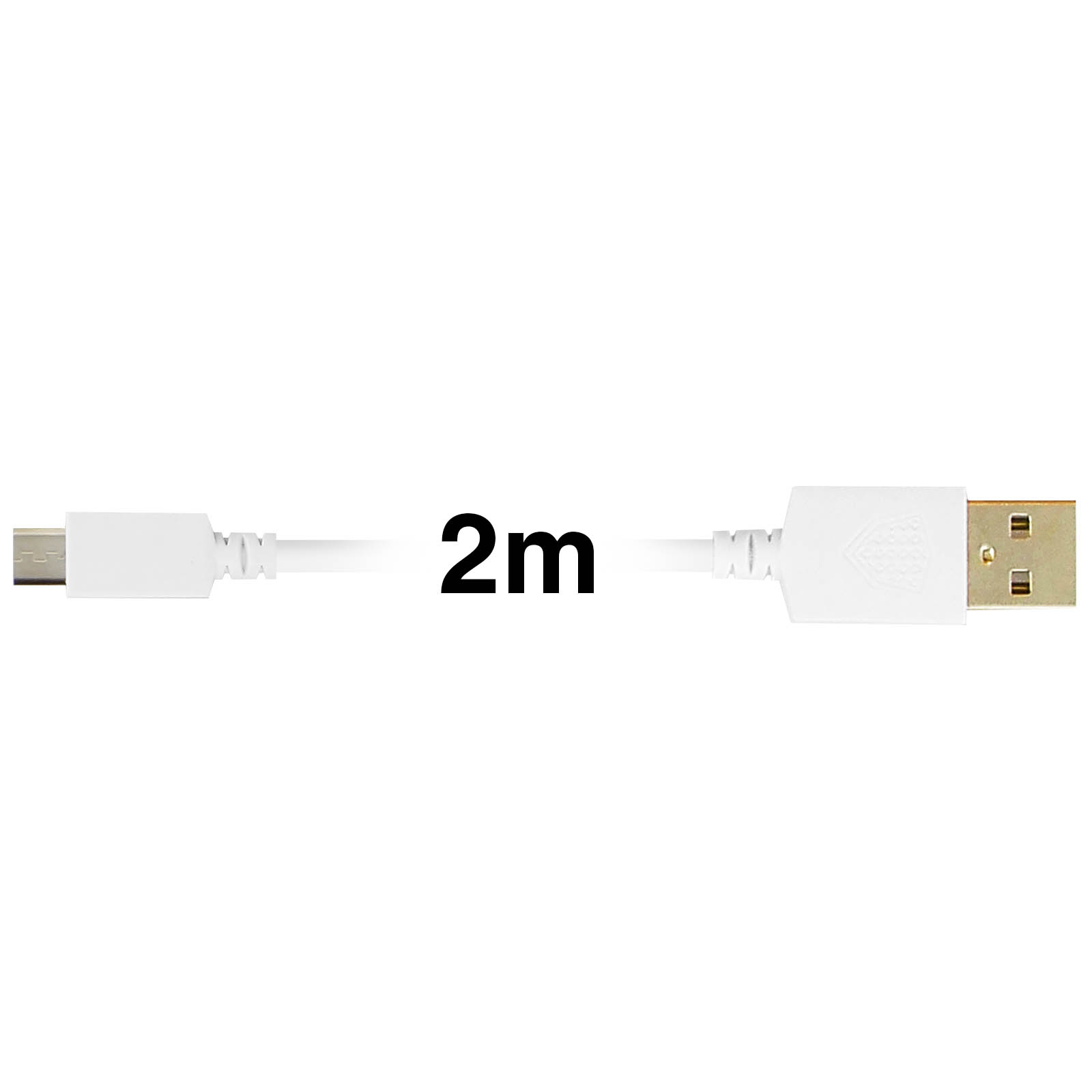 Un cavo USB bianco, etichettato 2 m, si estende orizzontalmente su uno sfondo bianco. Il cavo ha connettori su entrambe le estremità.