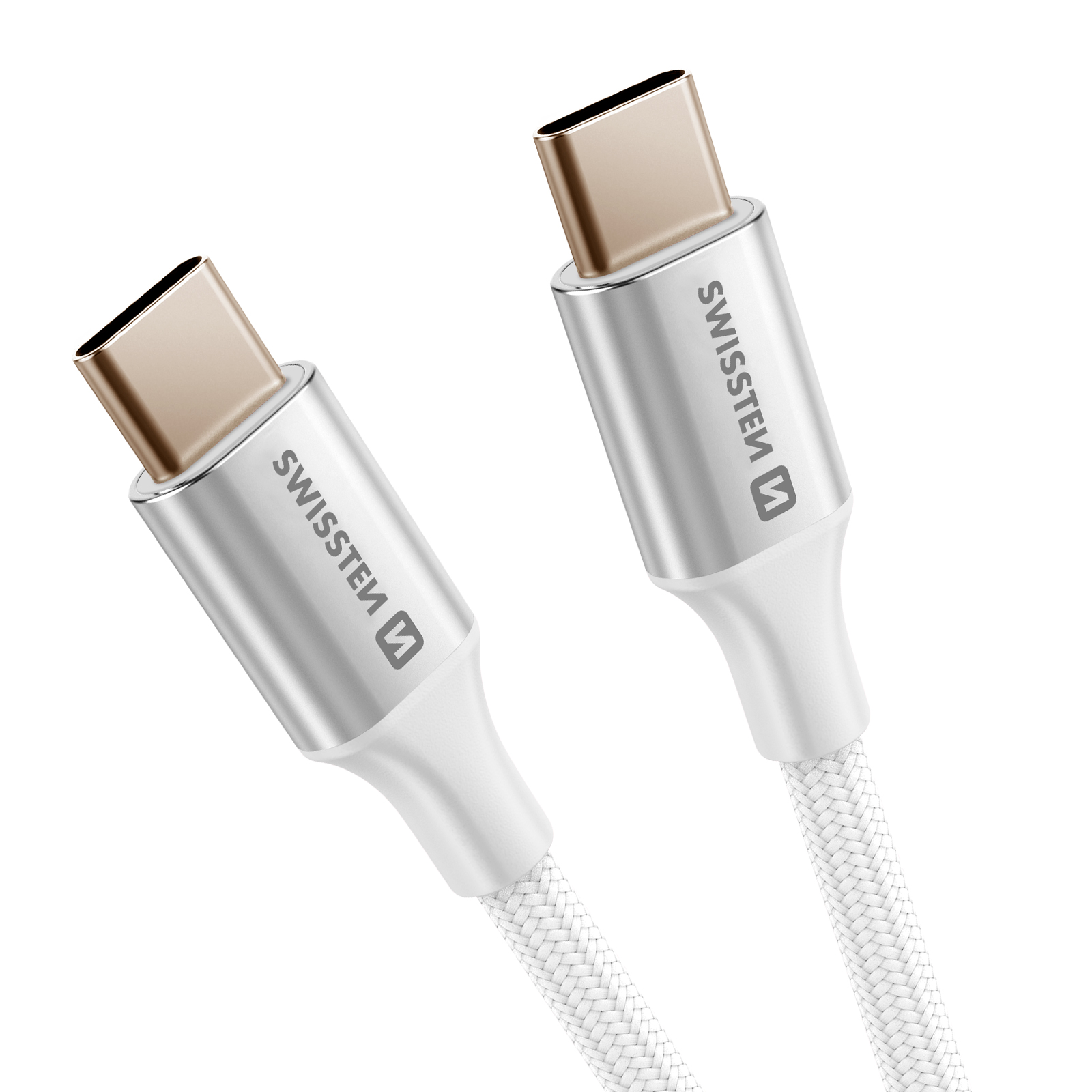 Due cavi USB-C. Connettori argentati con punte dorate, cavo bianco e logo Swisssten.
