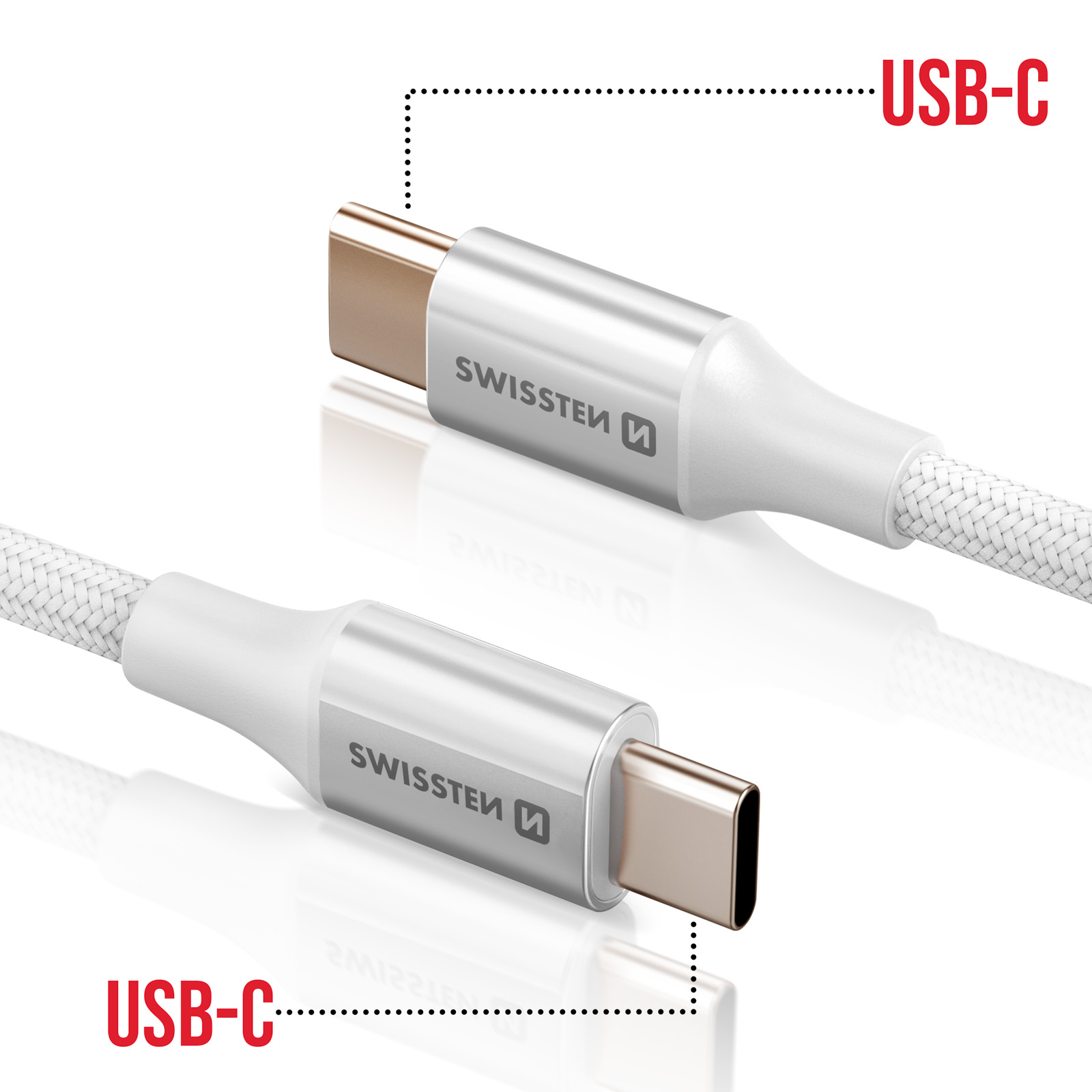 Sono mostrati due cavi USB-C bianchi con estremità metalliche. Il marchio è Swissten. Lo sfondo è bianco.