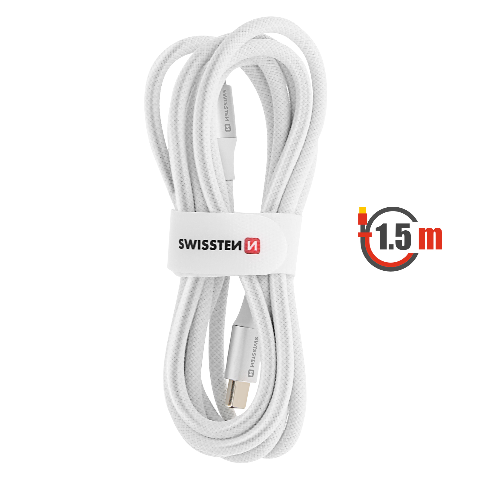 Cavo USB-C bianco, arrotolato. Marchio Swisssten. È presente un indicatore di lunghezza di 1,5 m.