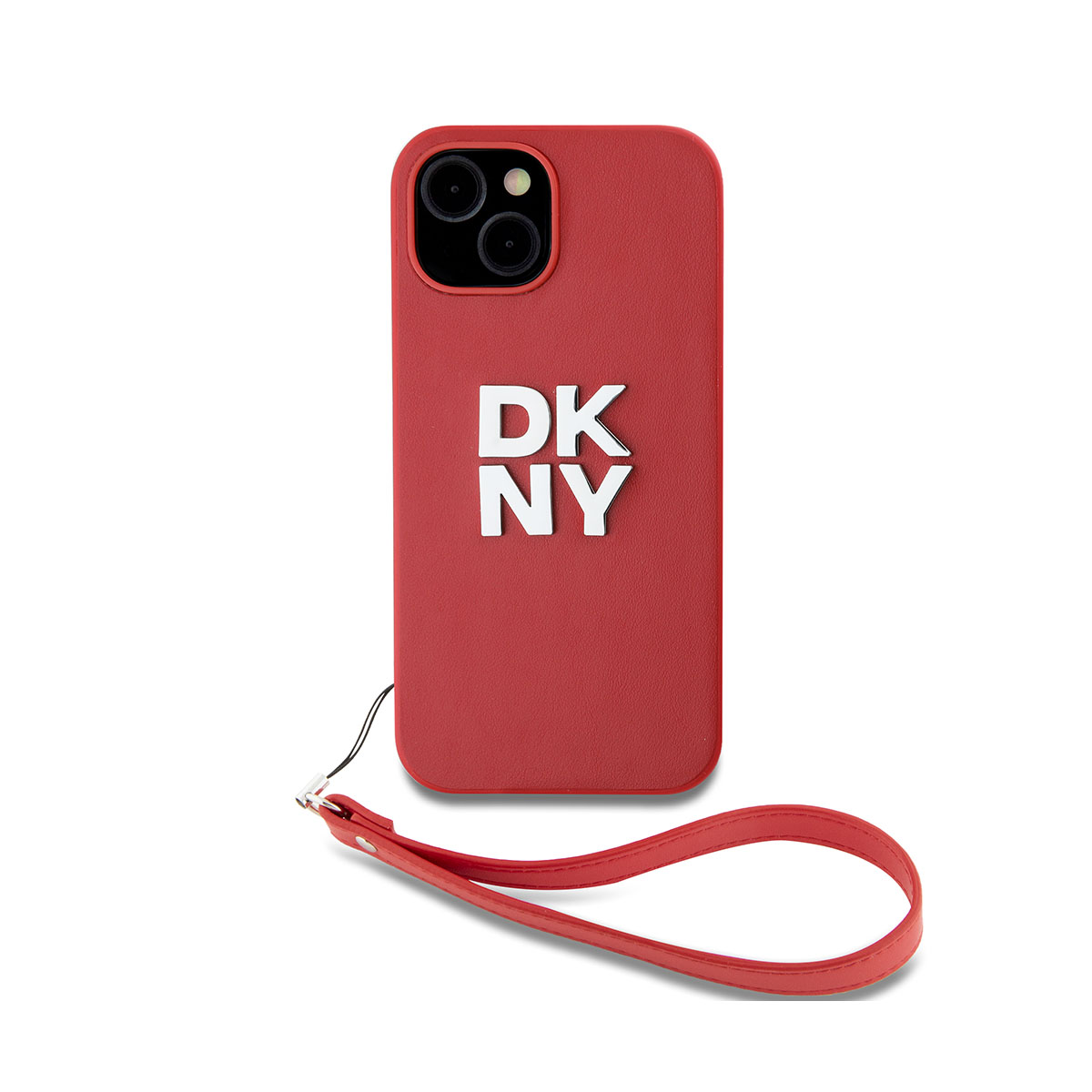 Una custodia rossa per telefono con 'DKNY' a lettere bianche. Ha un cinturino ed è su sfondo bianco.