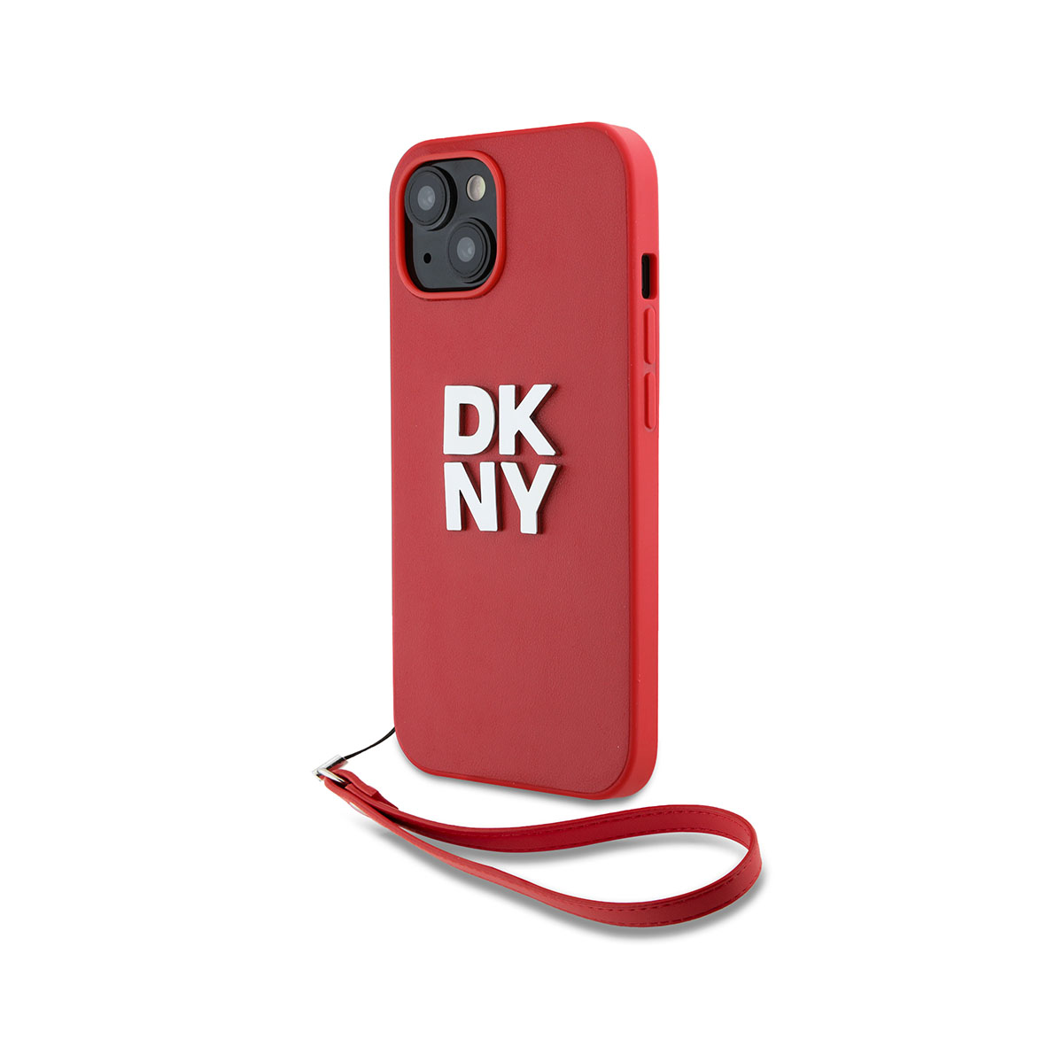 Custodia per telefono rossa con lettere bianche 'DKNY', fotocamera nera e cinturino rosso, su sfondo bianco.