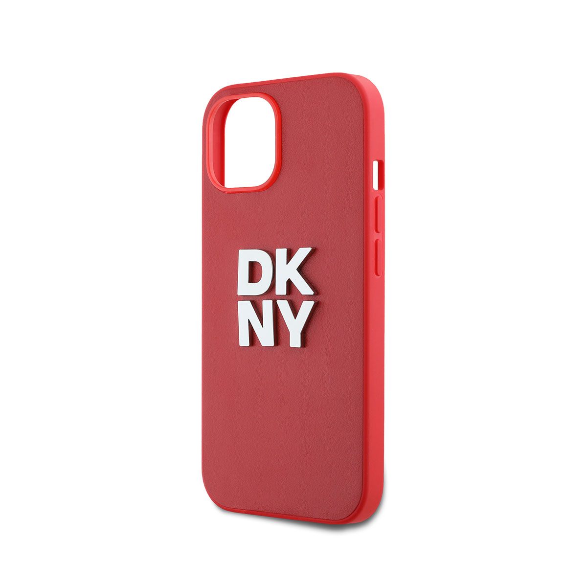 Una custodia per telefono DKNY rossa è esposta su sfondo bianco. La custodia ha le lettere DKNY in bianco e un corpo rosso.