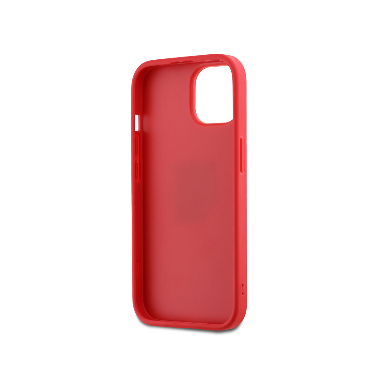 Una custodia rossa per telefono è esposta su sfondo bianco. La custodia è vuota, mostrando l'interno. Ha ritagli per fotocamera e pulsanti.