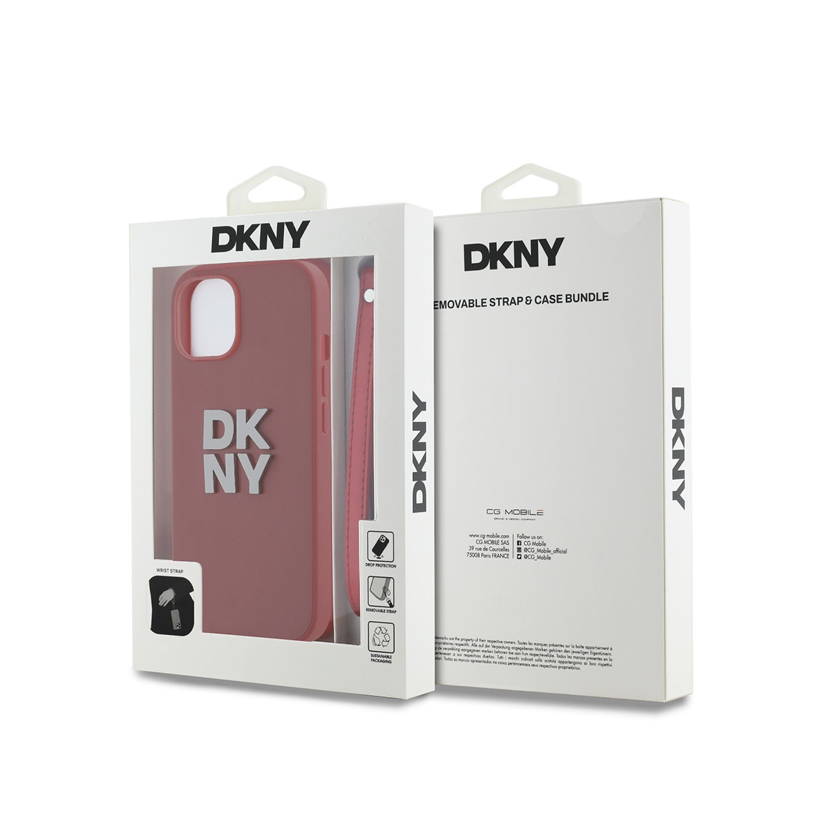 Un pacchetto di custodia e cinturino per telefono DKNY in una scatola bianca. La custodia è rossa con 'DKNY'. La scatola ha dettagli e loghi.
