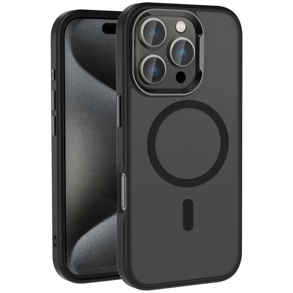 Siyah telefon kılıfı, kamera kesikleri ve manyetik bir daireye sahip. Telefon solda, ekranını gösteriyor.