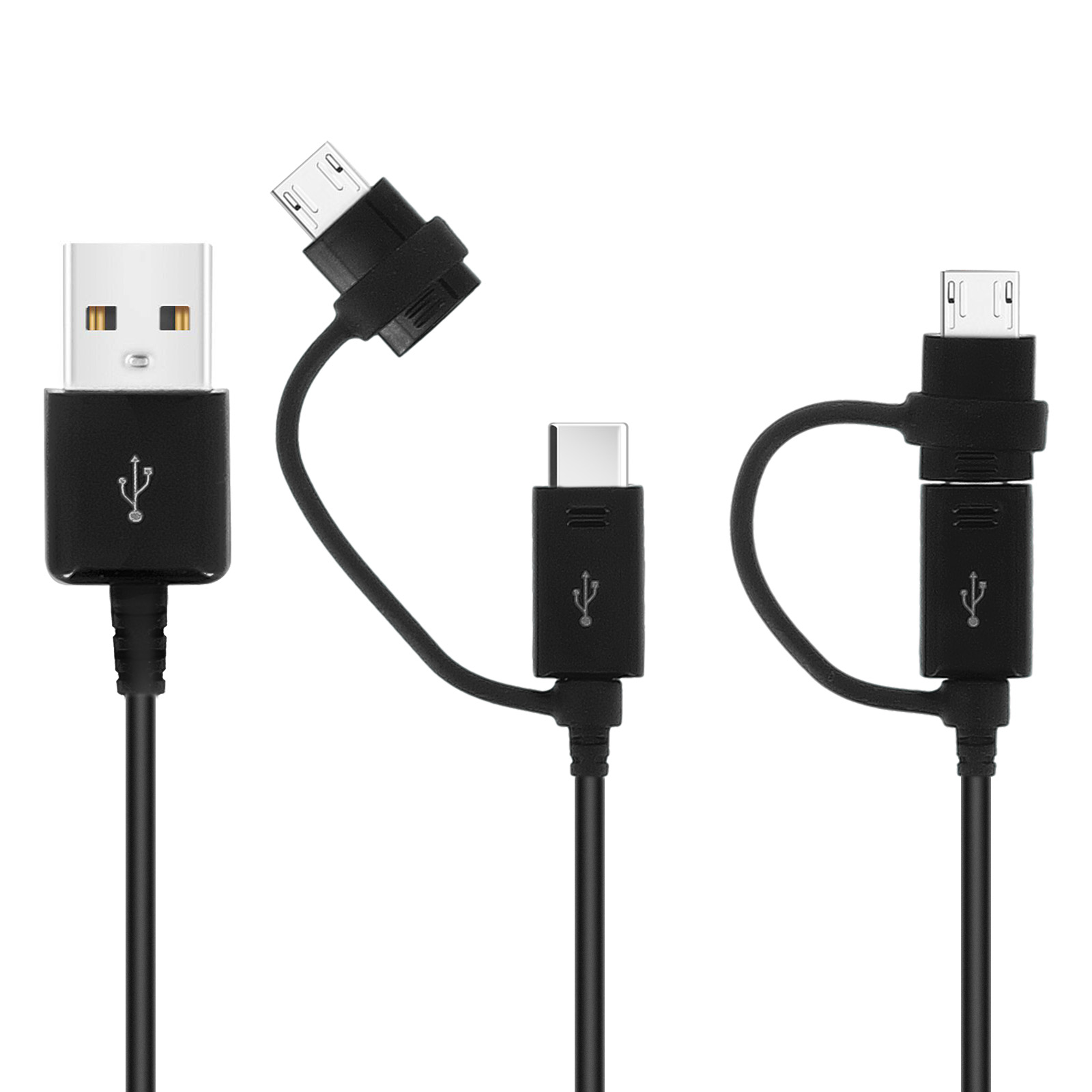 Tre cavi di ricarica USB neri con diversi connettori: USB-A, USB-C e Micro-USB, tutti su sfondo bianco.
