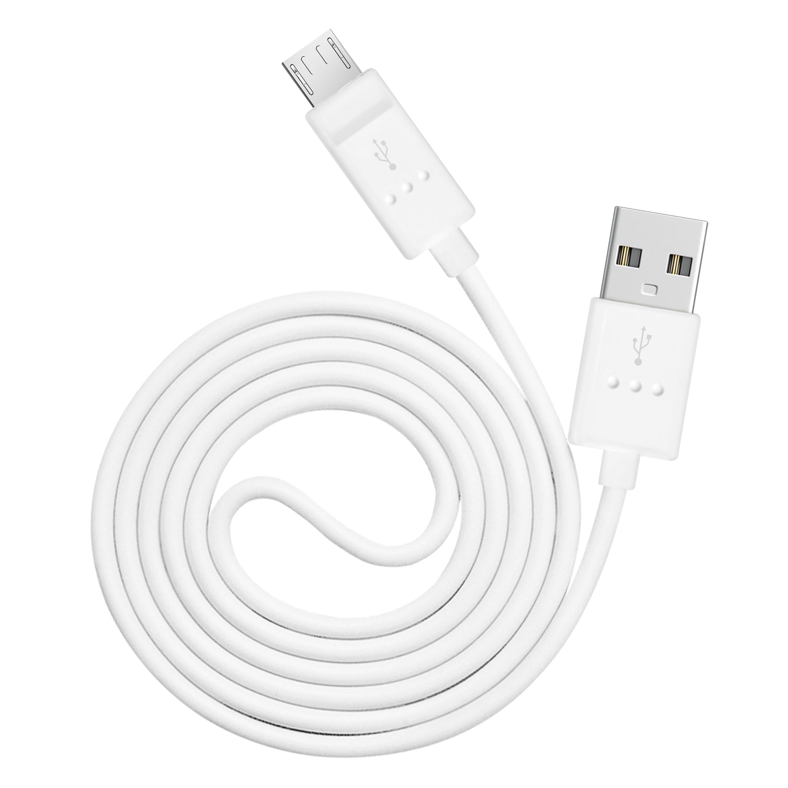 Un cavo di ricarica USB bianco, arrotolato, con connettore USB-A e micro-USB, su sfondo bianco.