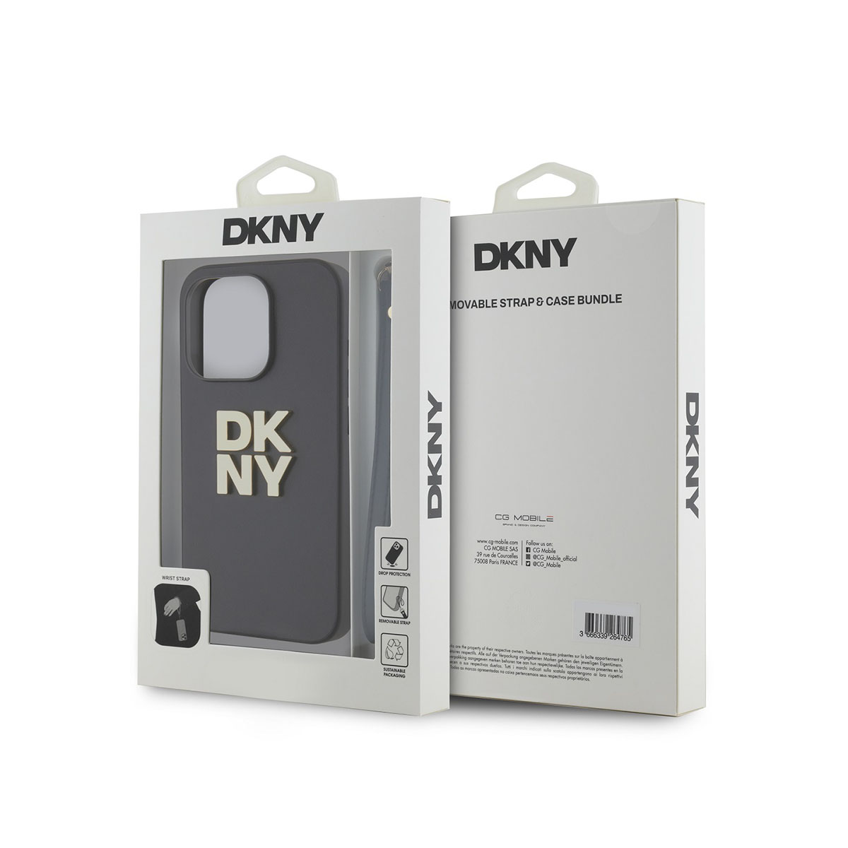 Confezione custodia per telefono DKNY. Custodia grigia con logo 'DKNY' bianco, in una scatola bianca. Testo e icone aggiuntive visibili.