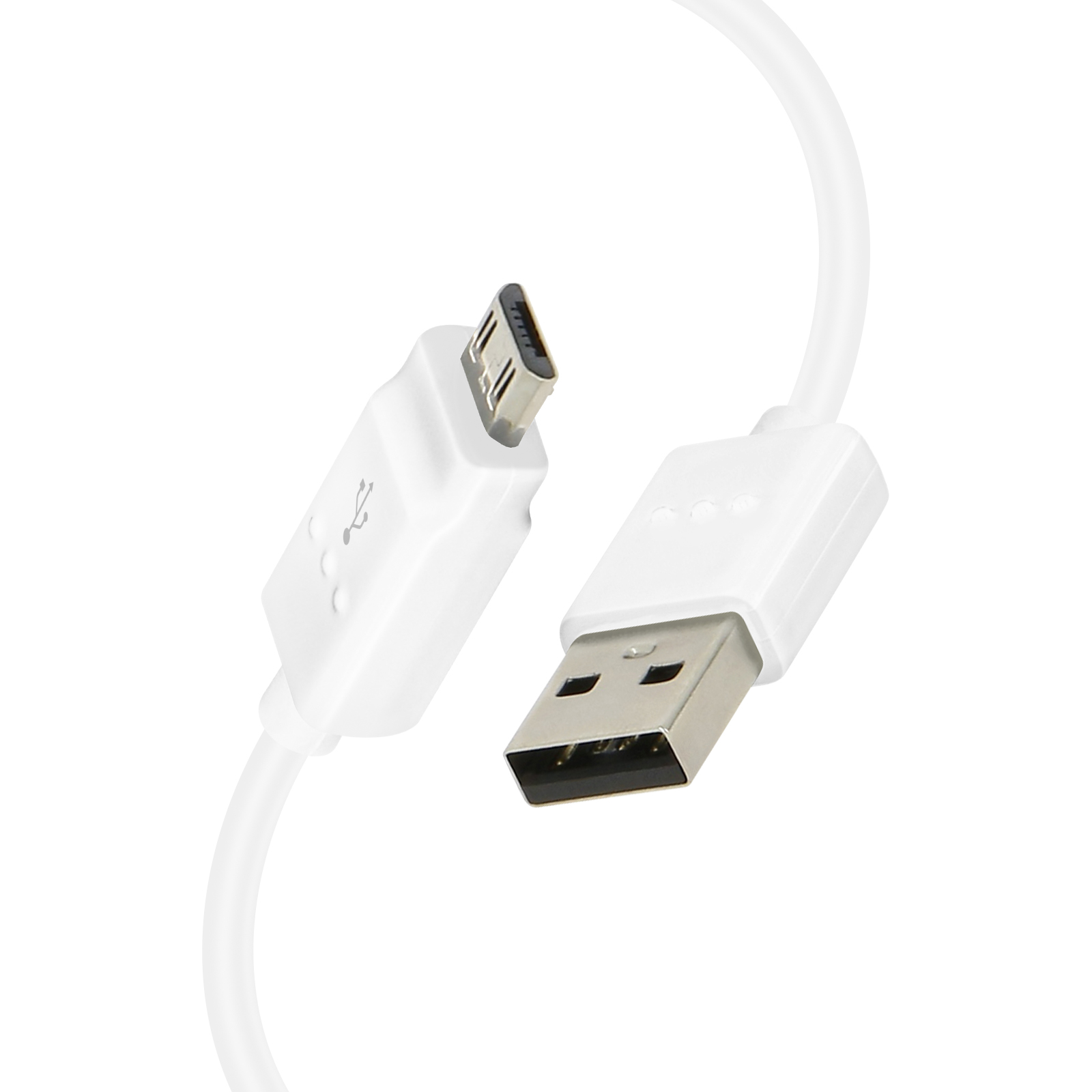 Un cavo USB bianco con connettori micro e standard. Il cavo è su sfondo bianco.