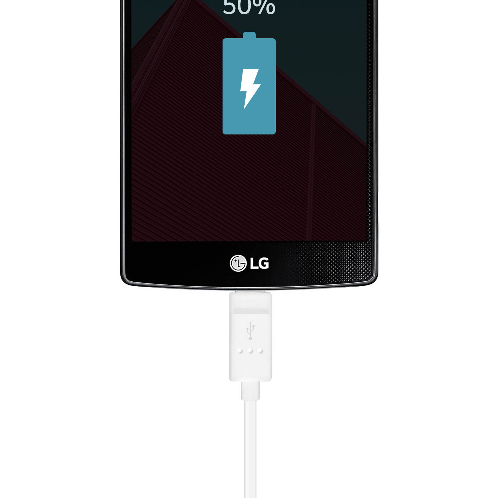Uno smartphone LG in carica tramite un cavo USB bianco. Lo schermo mostra un'icona della batteria e il 50% di carica.