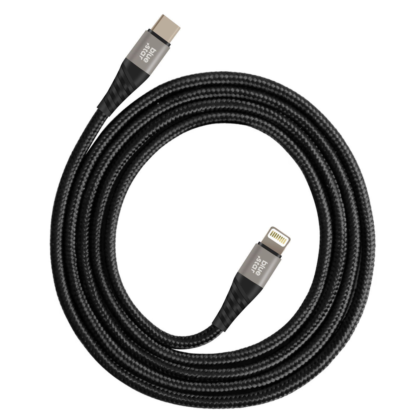 Cavo di ricarica nero con connettori USB-C e Lightning. Il cavo è arrotolato. Connettori grigi con logo "blue star".