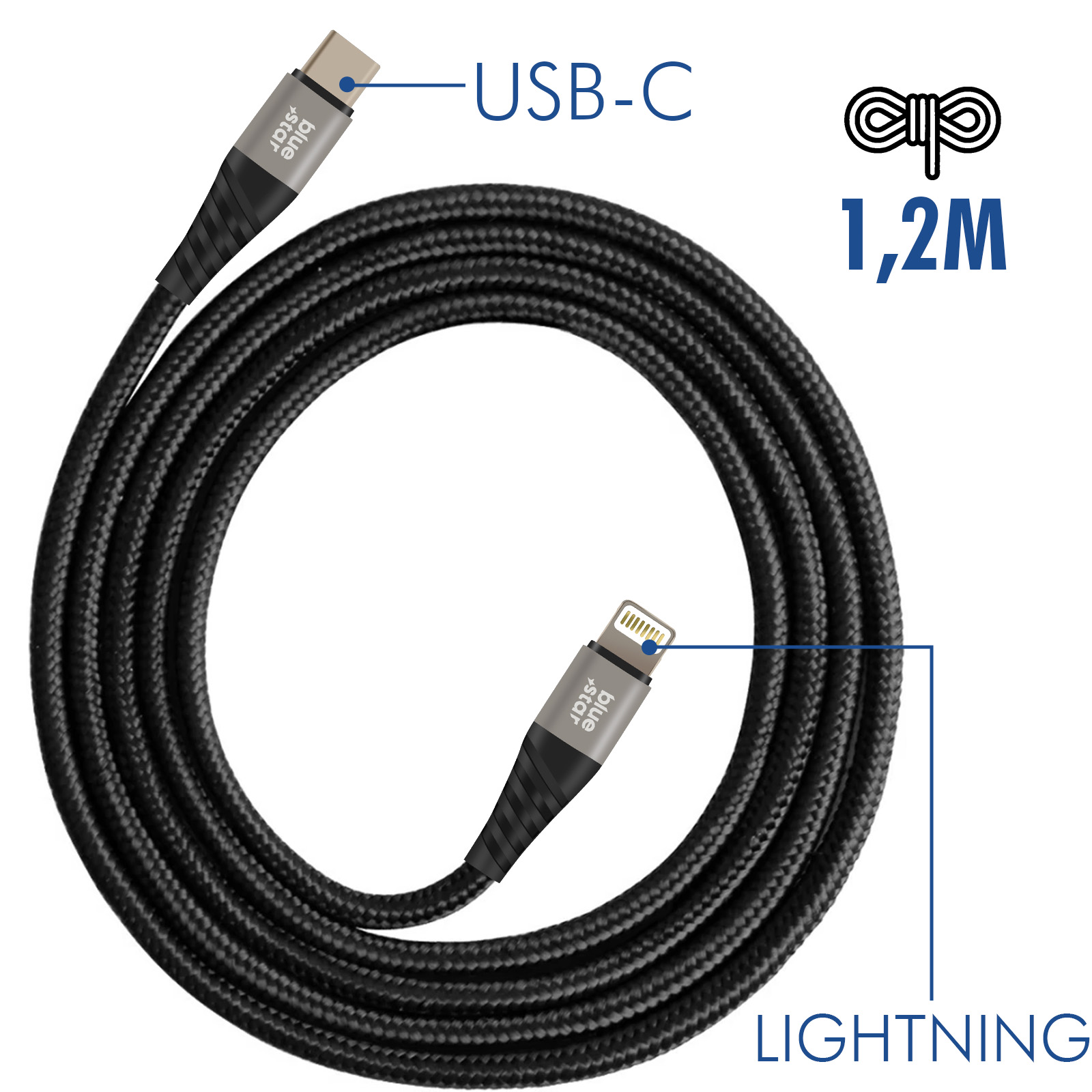 Cavo USB-C a Lightning nero, lungo 1,2 m. Connettori etichettati USB-C e Lightning. Cavo intrecciato.
