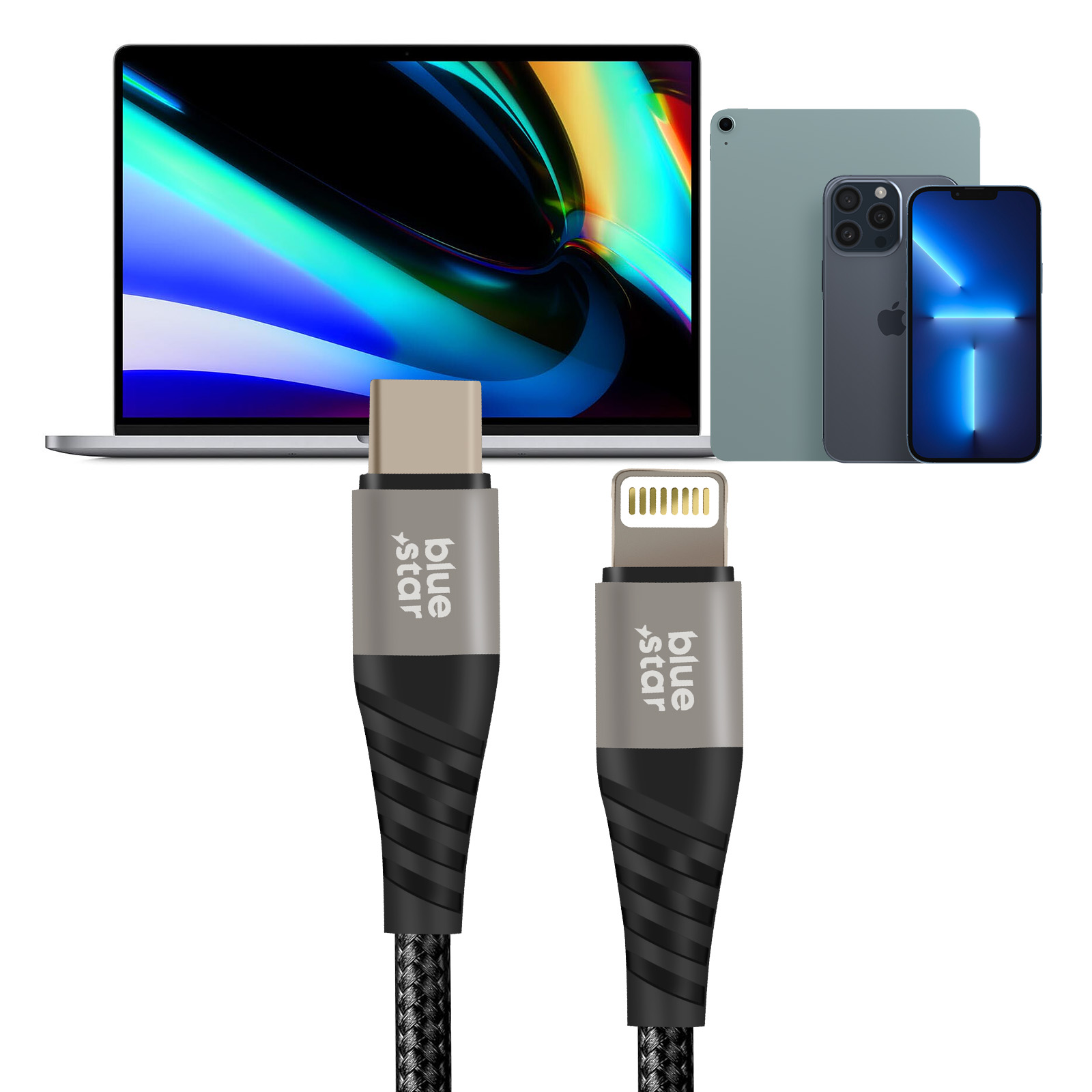 L'immagine mostra un laptop, un iPad, un iPhone e due cavi di ricarica. I cavi hanno connettori USB-C e Lightning, con marchio 'blue star'.