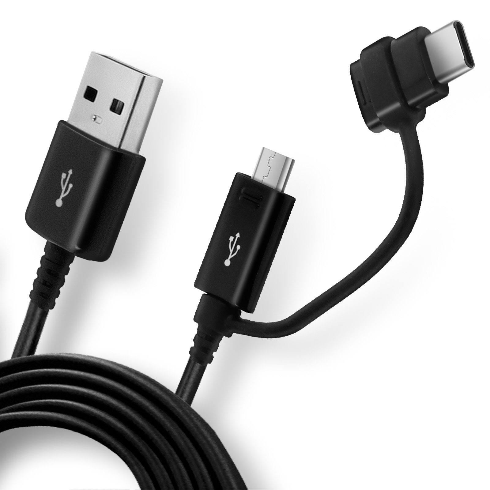 Tre cavi USB neri con diversi connettori: USB-A, Micro-USB e USB-C. Cavi su sfondo bianco.
