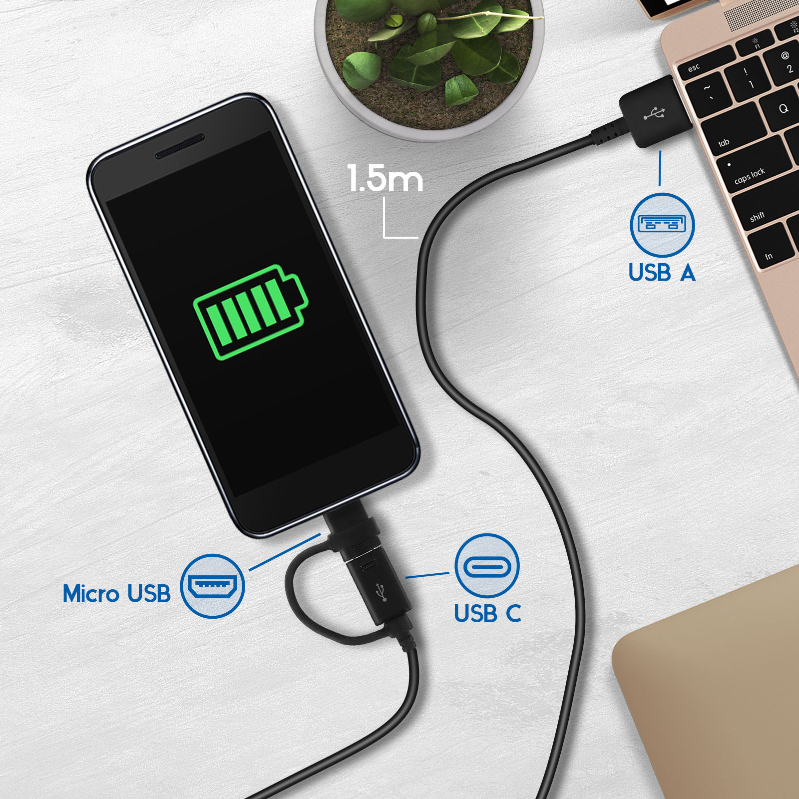 Un telefono in carica con cavo, USB-A, Micro USB e USB-C. Il telefono mostra un simbolo di batteria verde.