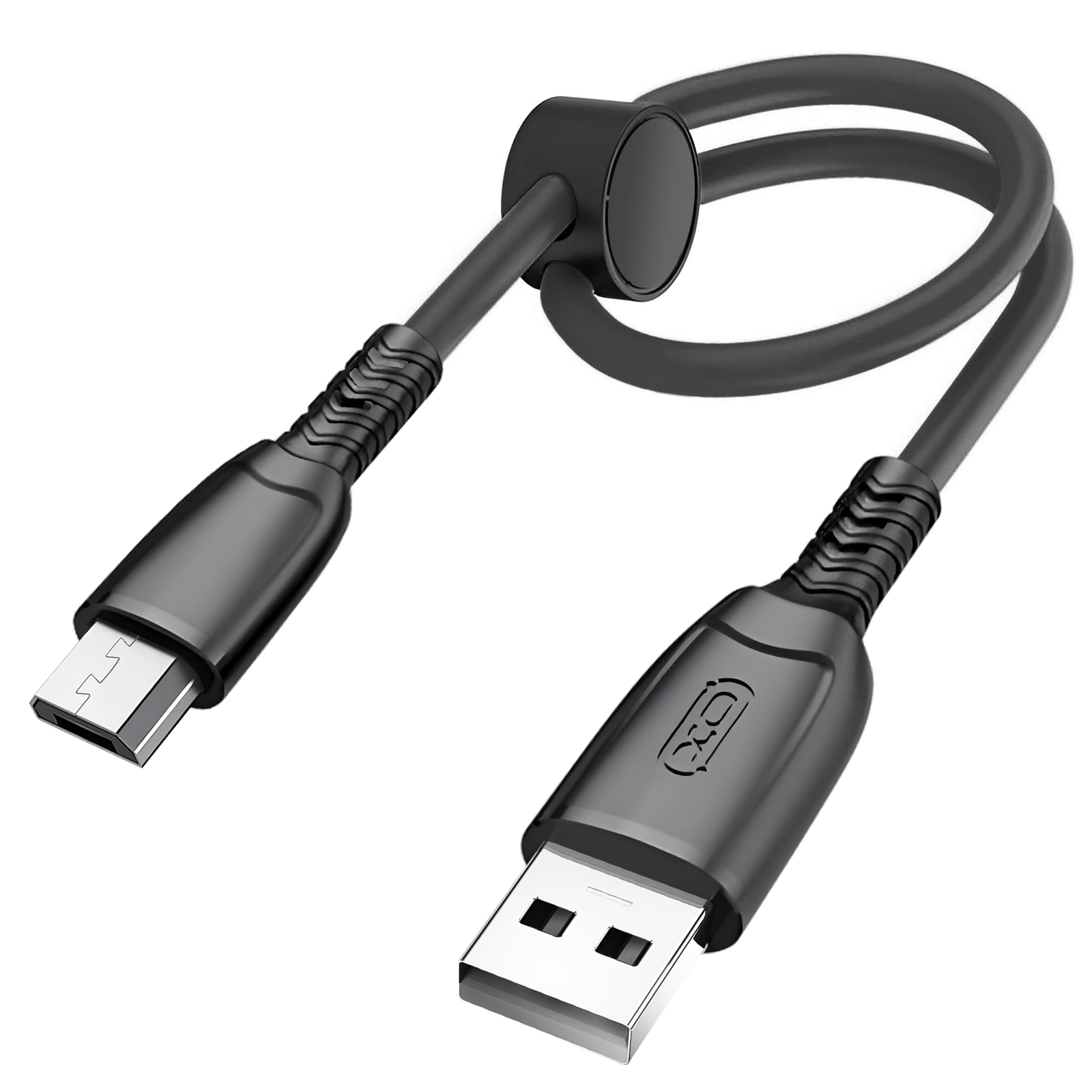 Un cavo USB nero con connettore USB-A e USB-C. Il cavo ha un anello circolare al centro.