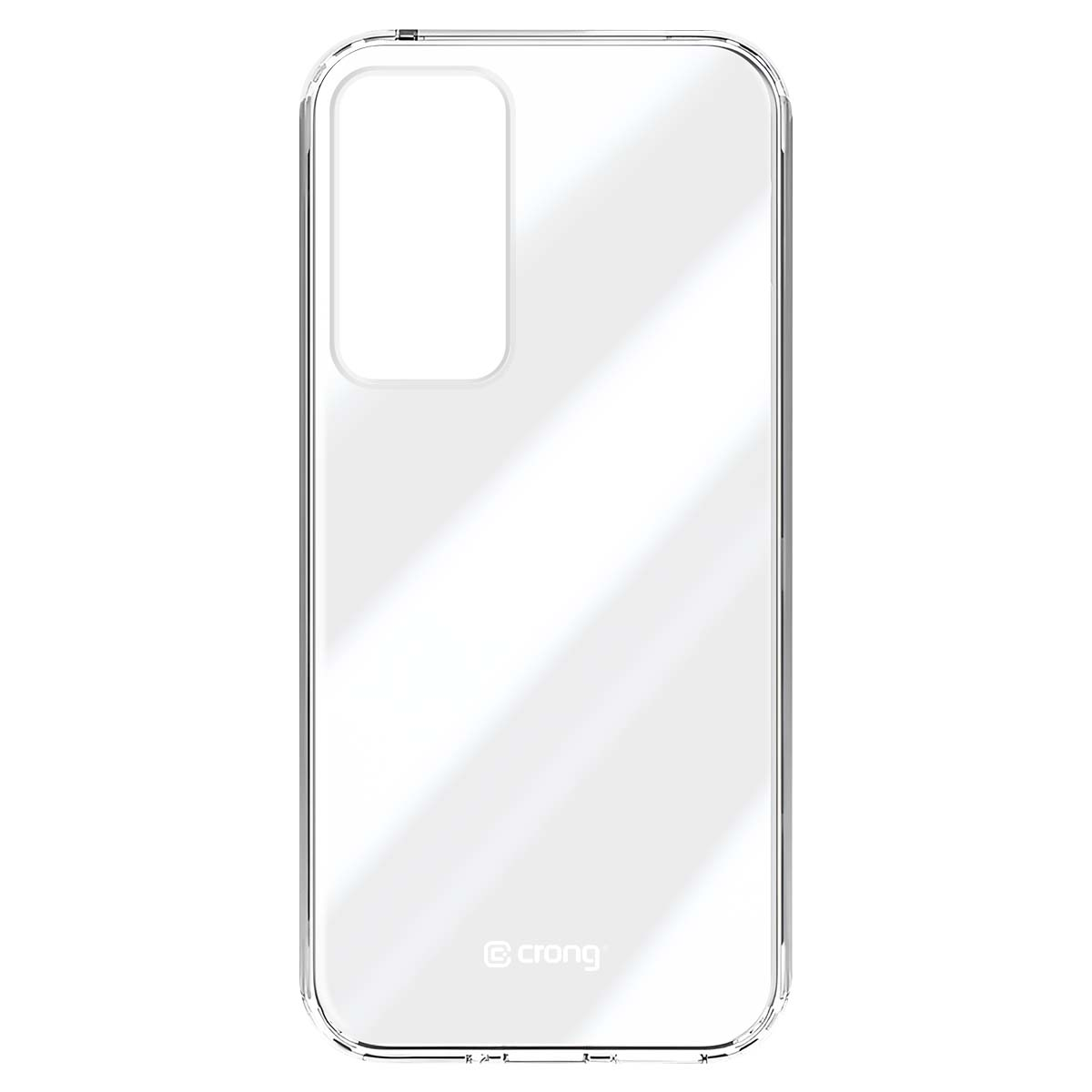 Una custodia trasparente per telefono. Ha un ritaglio per la fotocamera e il marchio 'crong' in basso.
