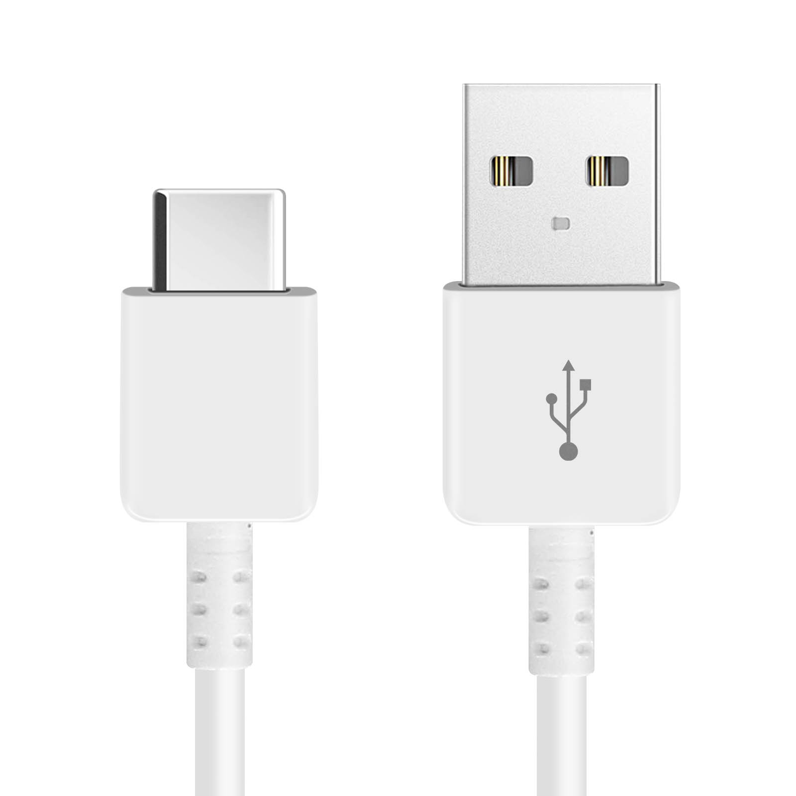 Un cavo bianco da USB-C a USB-A. Il lato USB-C è rettangolare, il lato USB-A ha il logo USB. Entrambi i lati sono bianchi.