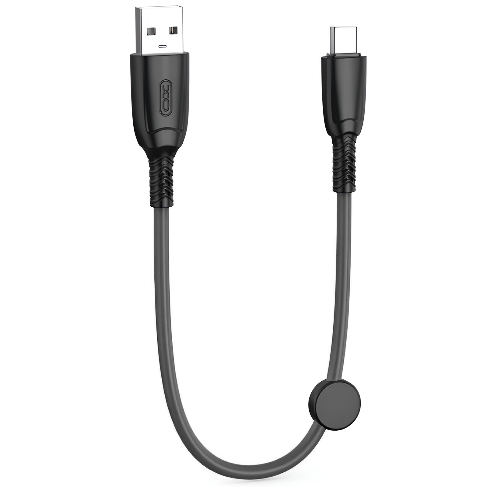 Cavo di ricarica da USB a USB-C nero, con un supporto magnetico rotondo.