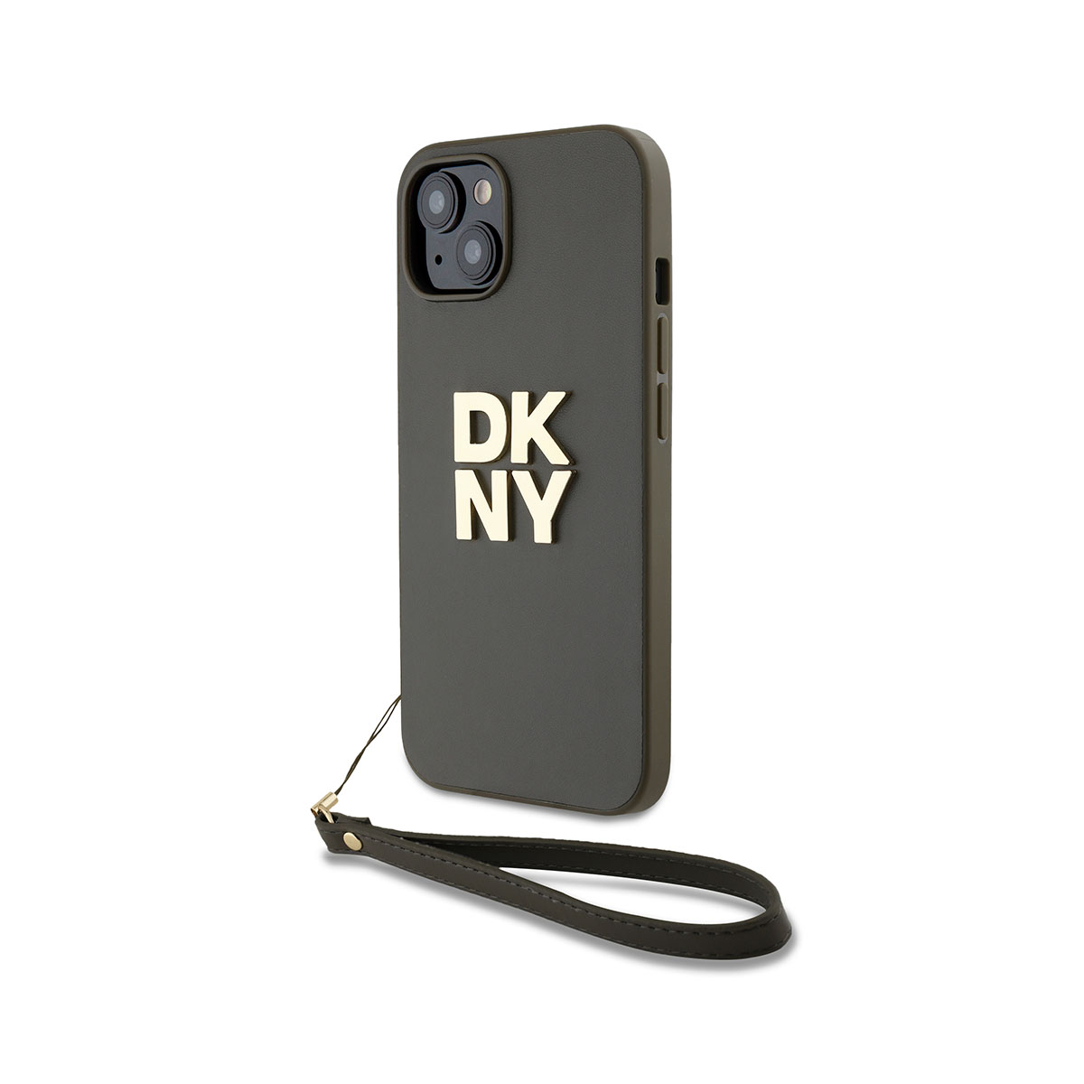Una custodia per telefono verde con le lettere DKNY in oro. Ha un cinturino scuro. Lo sfondo è bianco.