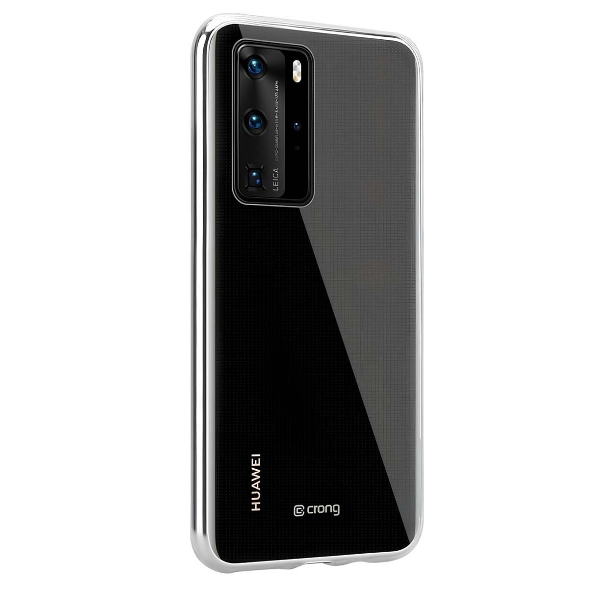 Un telefono Huawei nero in una custodia trasparente. La custodia ha un bordo argentato. Il telefono ha una fotocamera Leica. La custodia è trasparente.