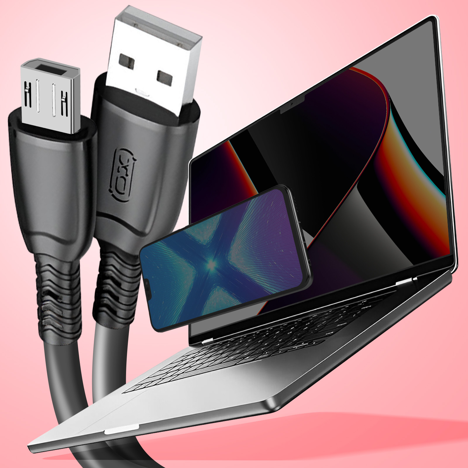 Immagine di un laptop, un telefono e cavi USB. Il laptop è aperto. Il telefono mostra un design blu.