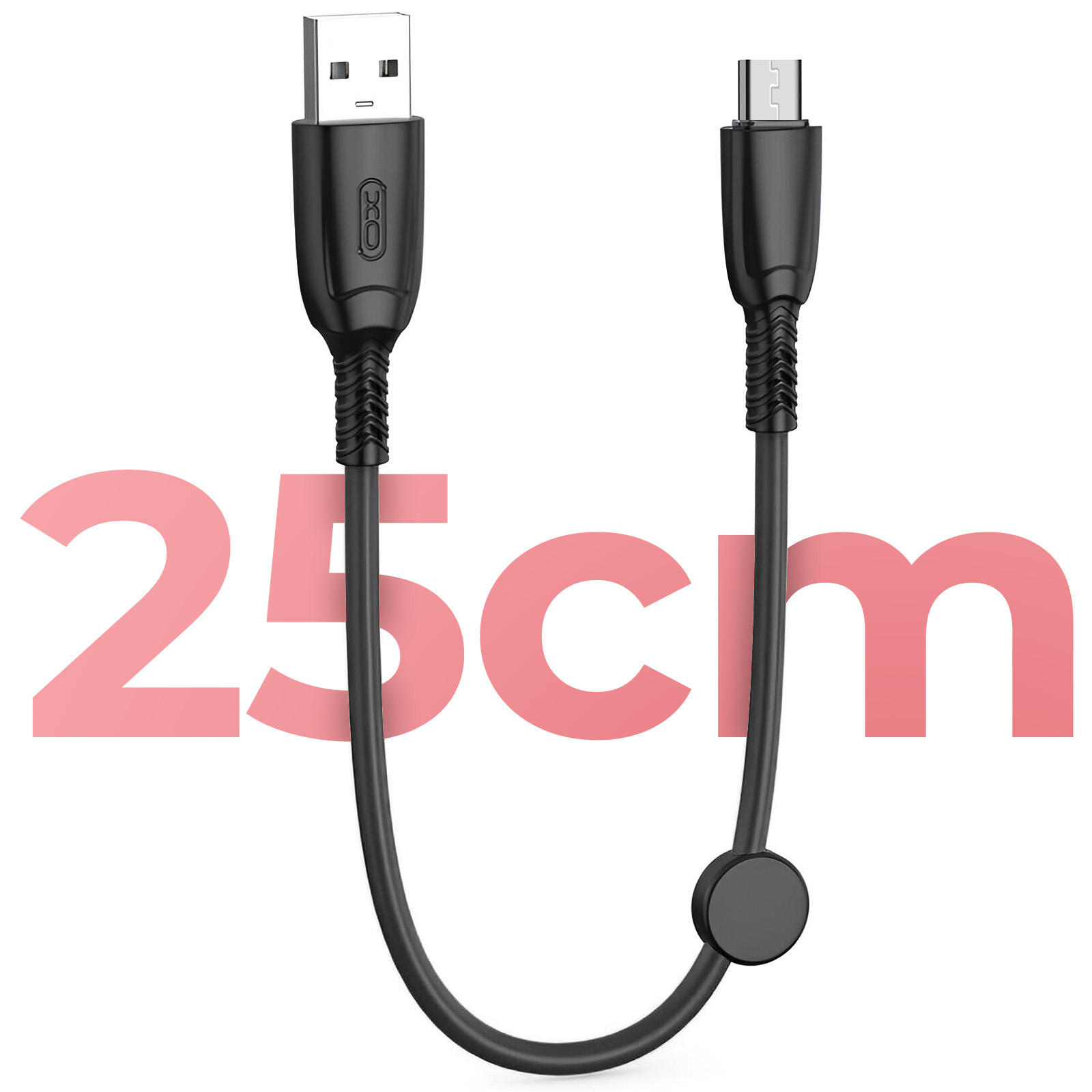 Cavo nero da USB a Tipo-C, lungo 25 cm, con supporto magnetico nero, su sfondo bianco con testo rosa.