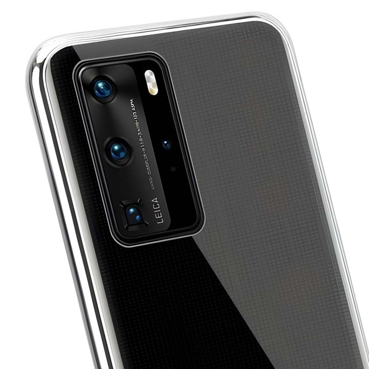 Retro di smartphone con lenti Leica. È in una custodia trasparente, con sfondo strutturato grigio scuro.