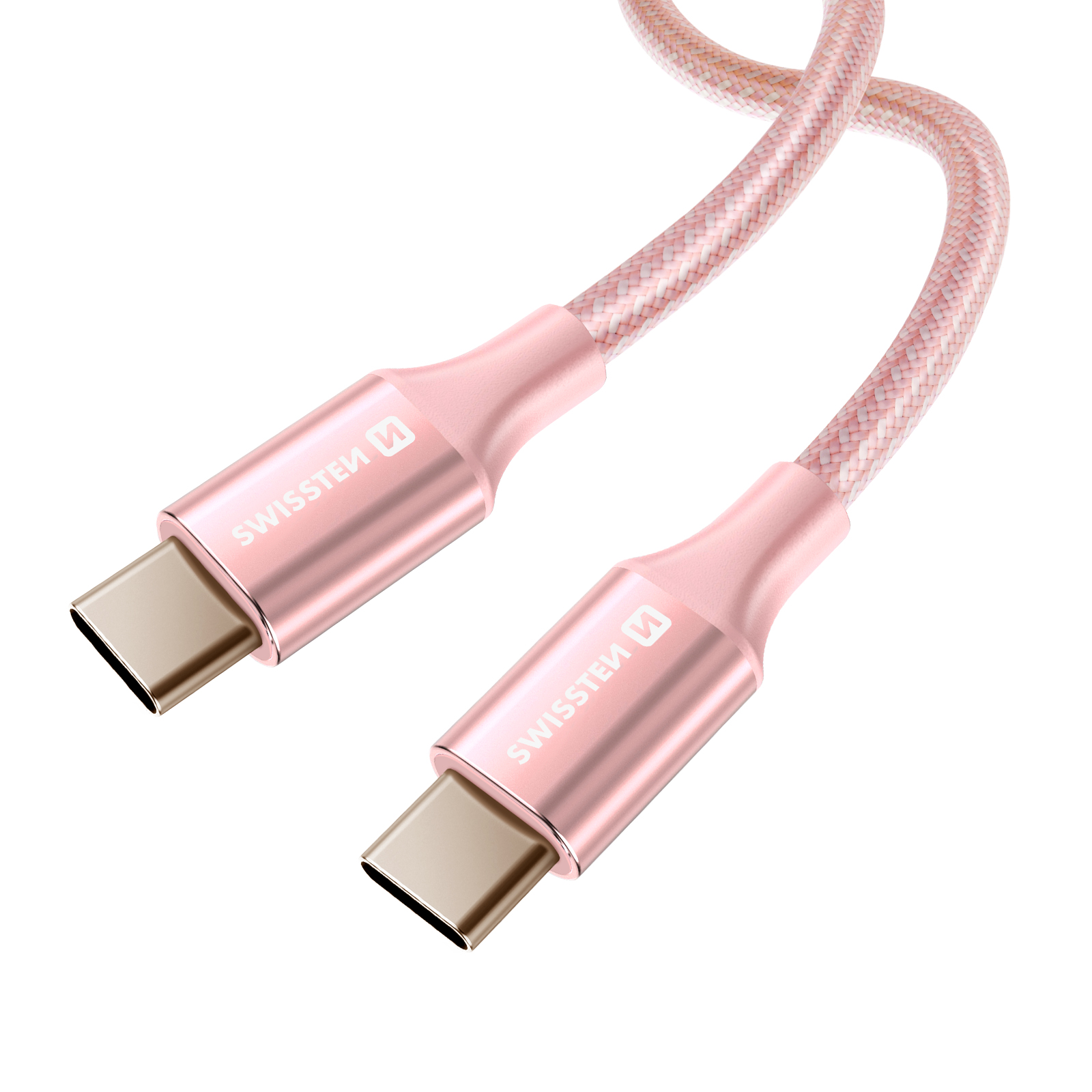 Un cavo USB-C color oro rosa, con il logo SWISSTEN. Il cavo è curvo, con accenti intrecciati rosa e bianchi.