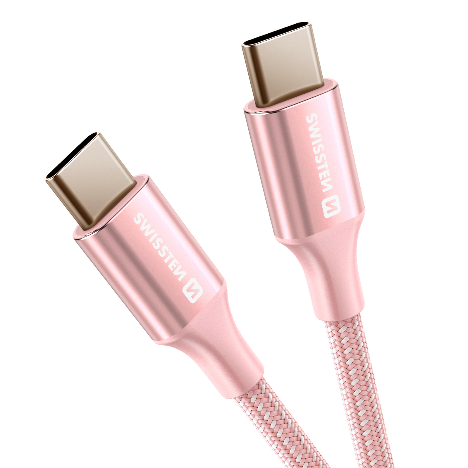 Due cavi USB-C oro rosa, angolati su bianco. I cavi hanno cavi intrecciati rosa e loghi Swisssten.