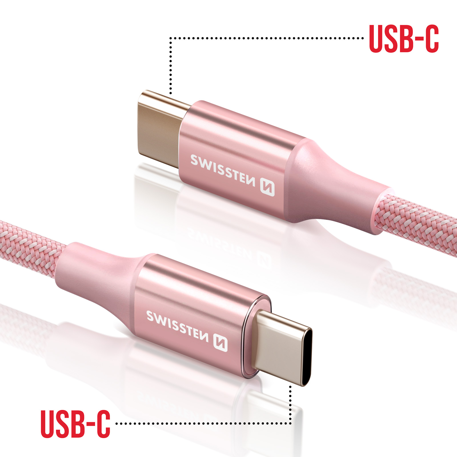 Due cavi USB-C. Connettori oro rosa con logo 'SWISSTEN'. Cavi intrecciati rosa e bianchi. Sfondo bianco con etichette.