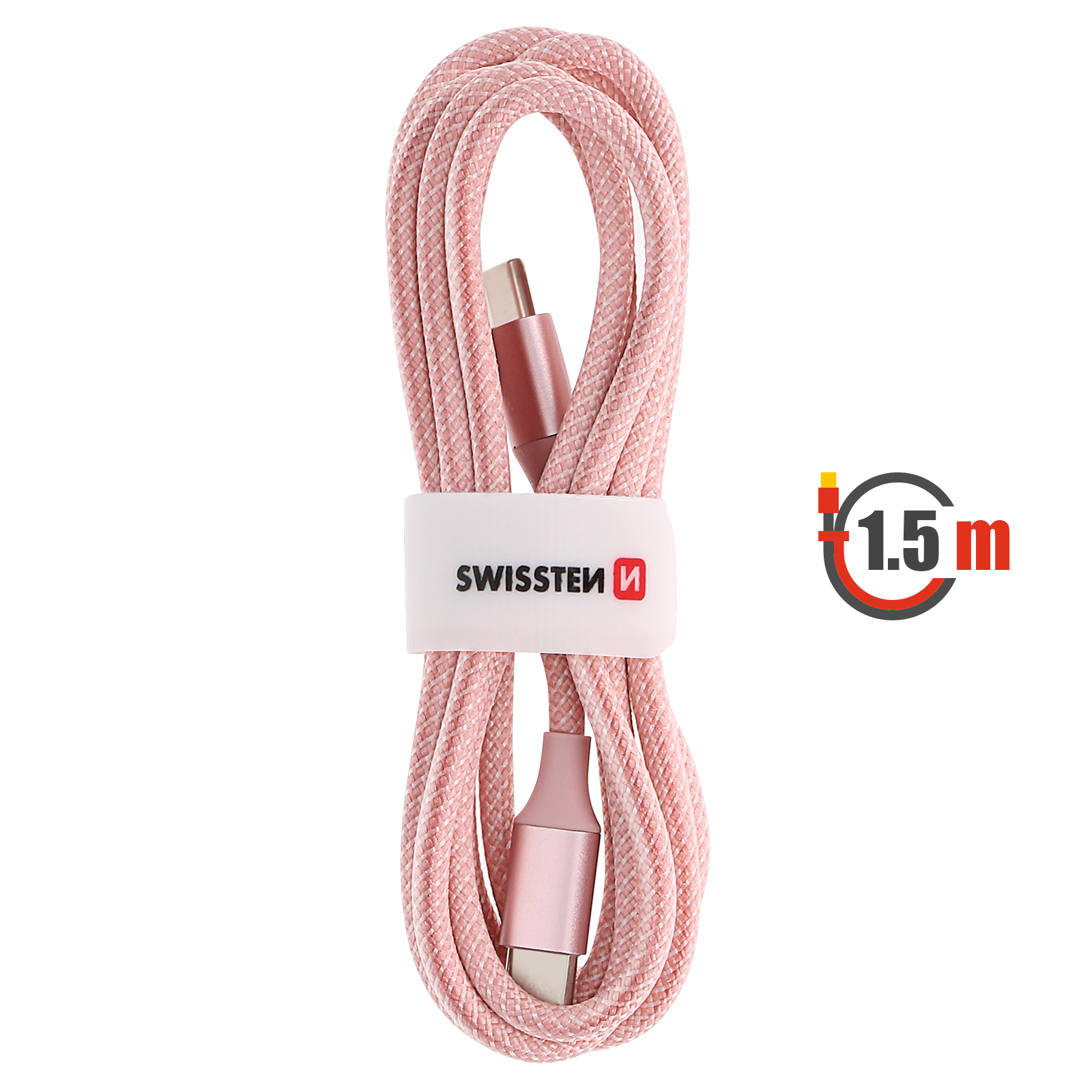 Cavo USB-C intrecciato rosa, lungo 1,5 m. Il cavo è legato con una fascetta bianca, logo del marchio visibile. Sfondo bianco.