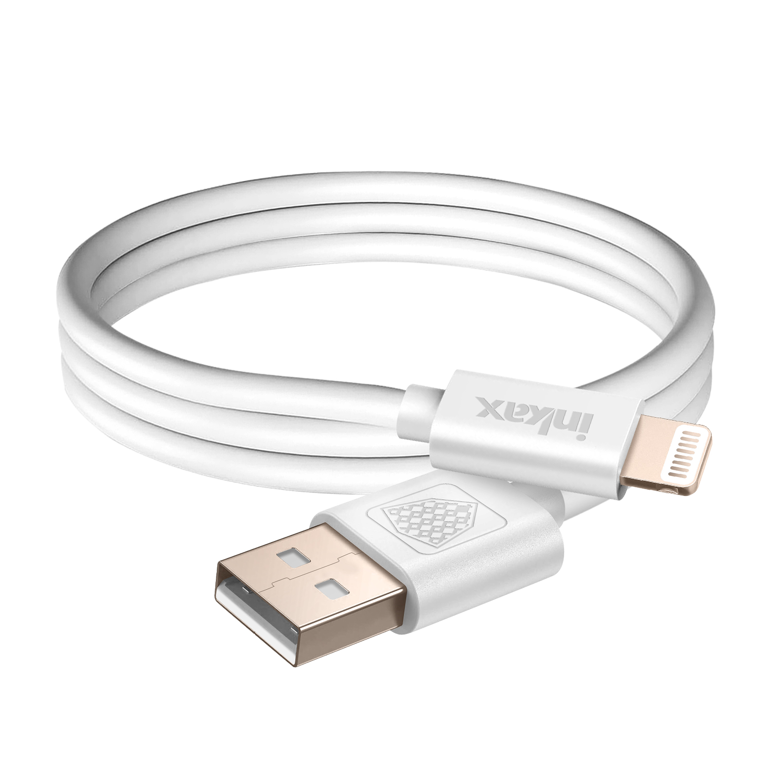 Un câble USB vers Lightning blanc est enroulé. Les connecteurs sont blancs avec des contacts dorés, la marque est visible.