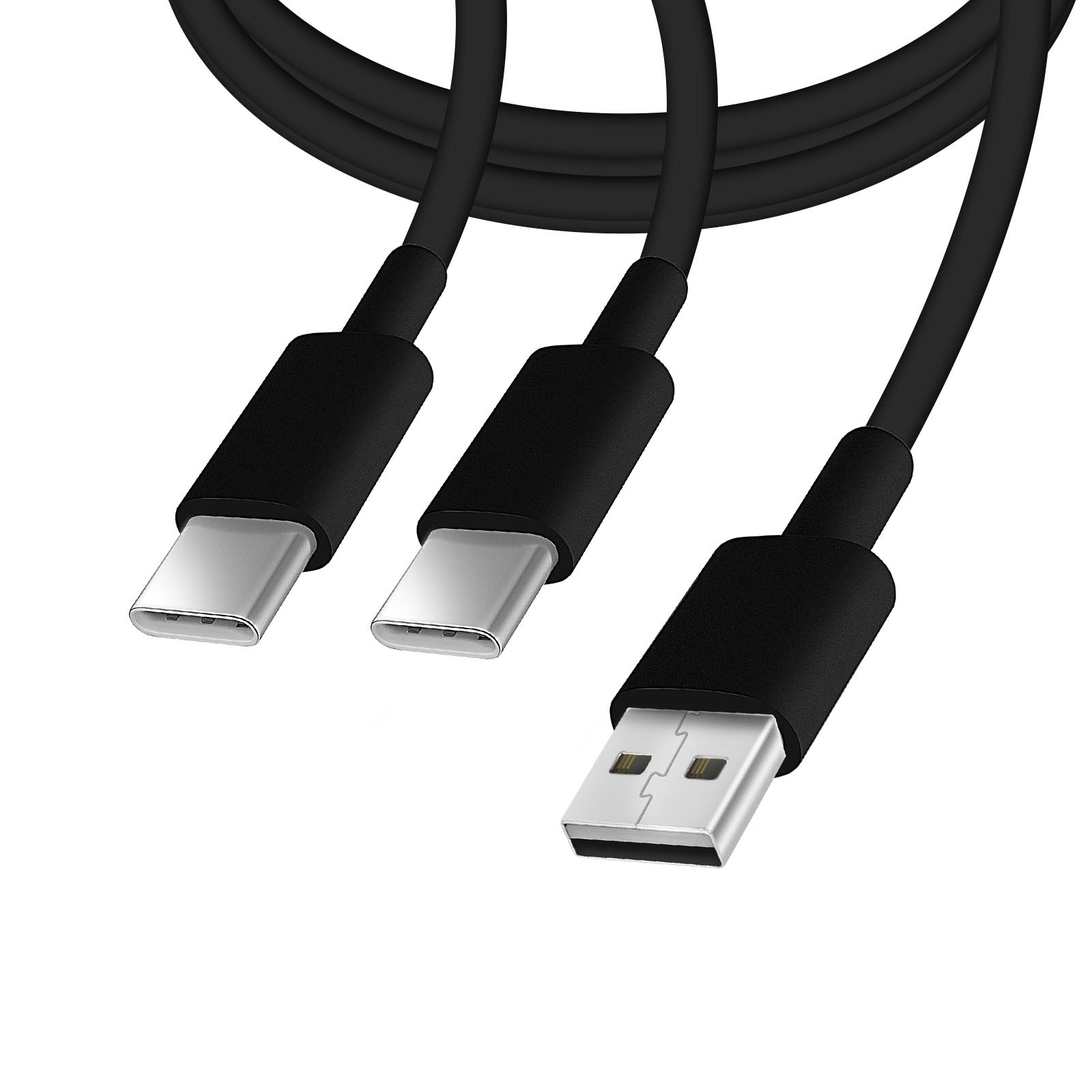 Tre cavi di ricarica neri con connettori argentati. Due sono USB-C, uno è USB-A. Sfondo bianco.