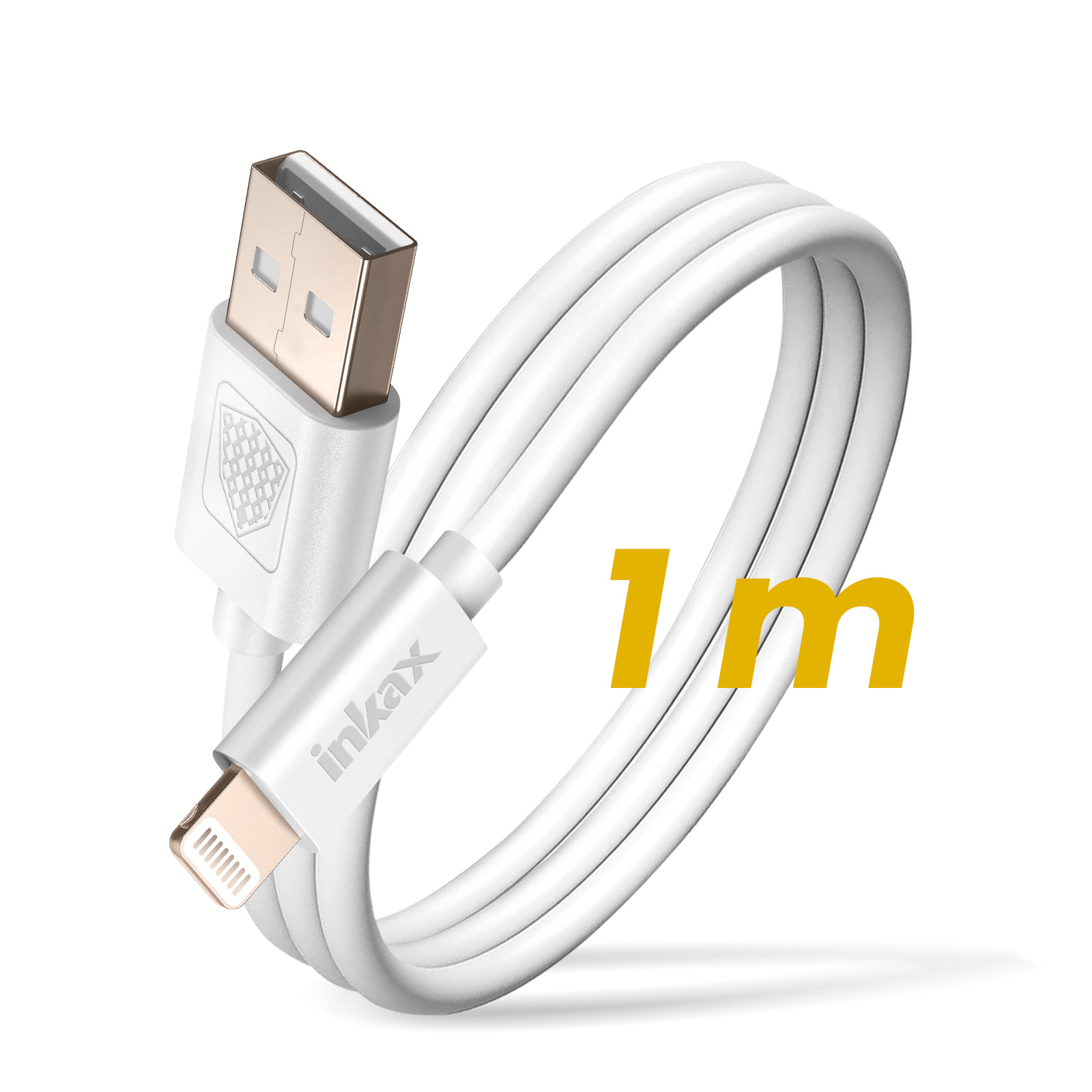 Câble de chargement USB blanc avec connecteurs dorés. Le câble est enroulé. Les textes 'inkax' et '1m' sont visibles.