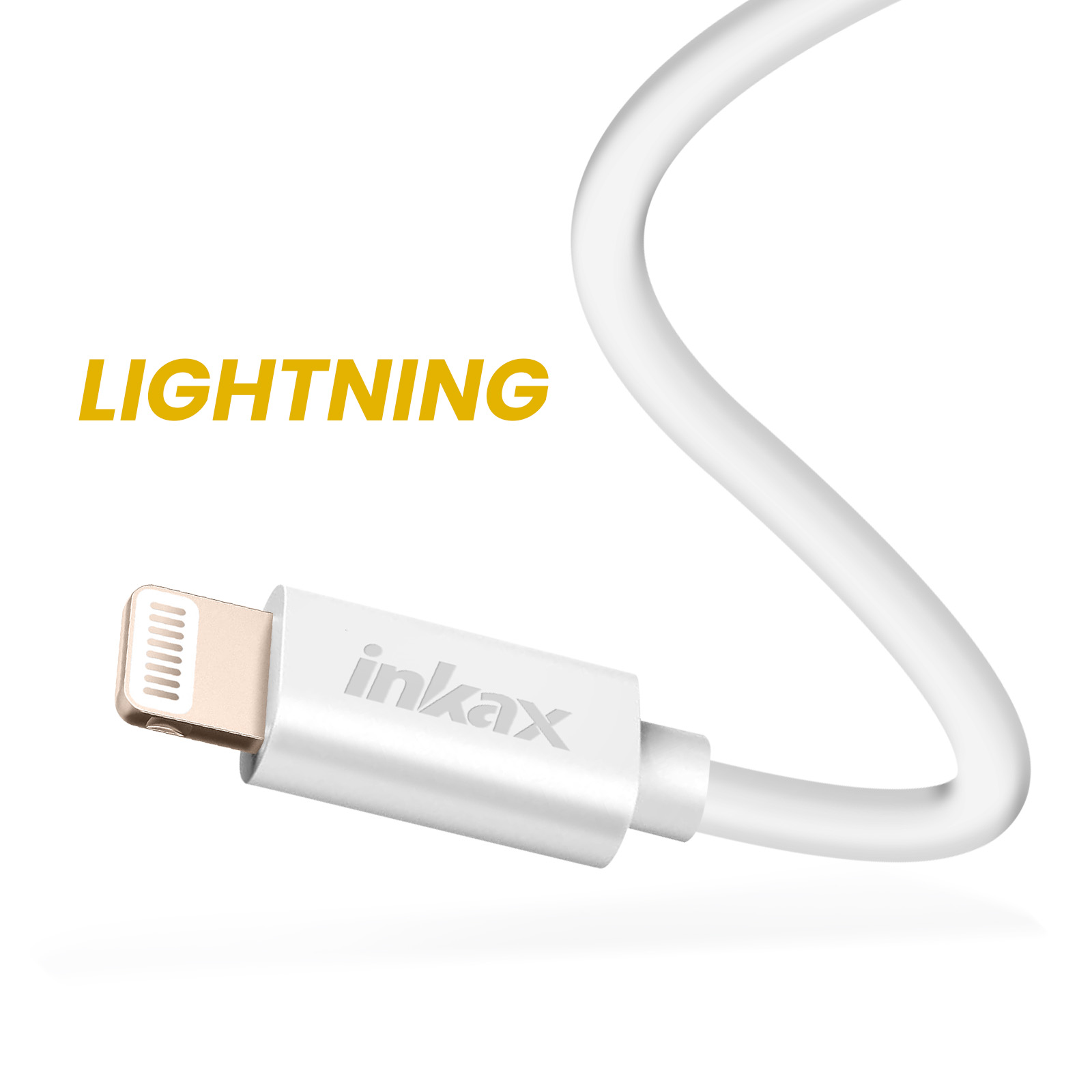 Câble Lightning blanc avec connecteur doré et le mot 'lightning'. La marque 'inkax' est imprimée sur le boîtier blanc.