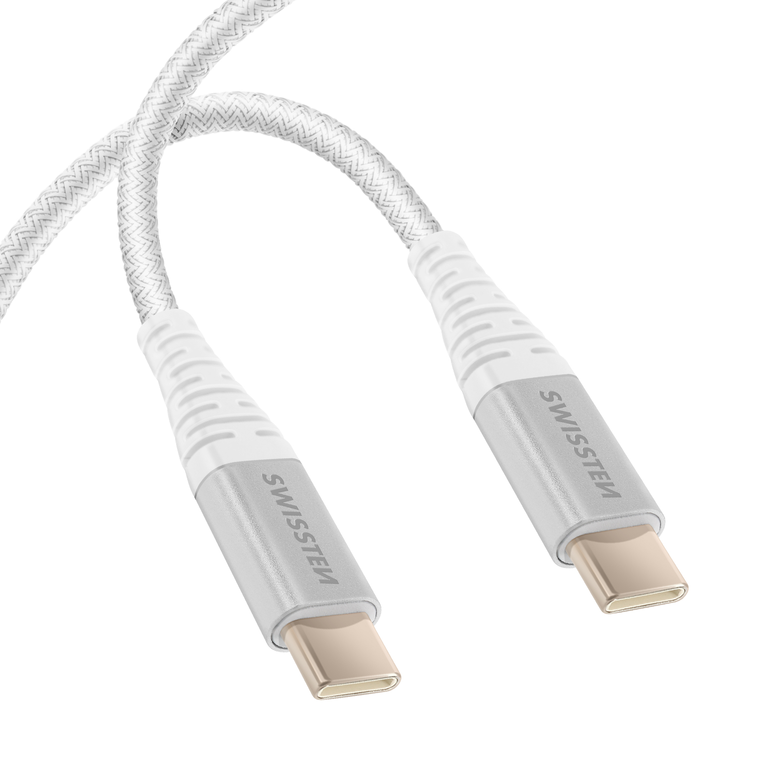 Un cavo USB-C bianco e grigio. Ha un cavo intrecciato bianco e connettori grigi. Il marchio è Swisssten.