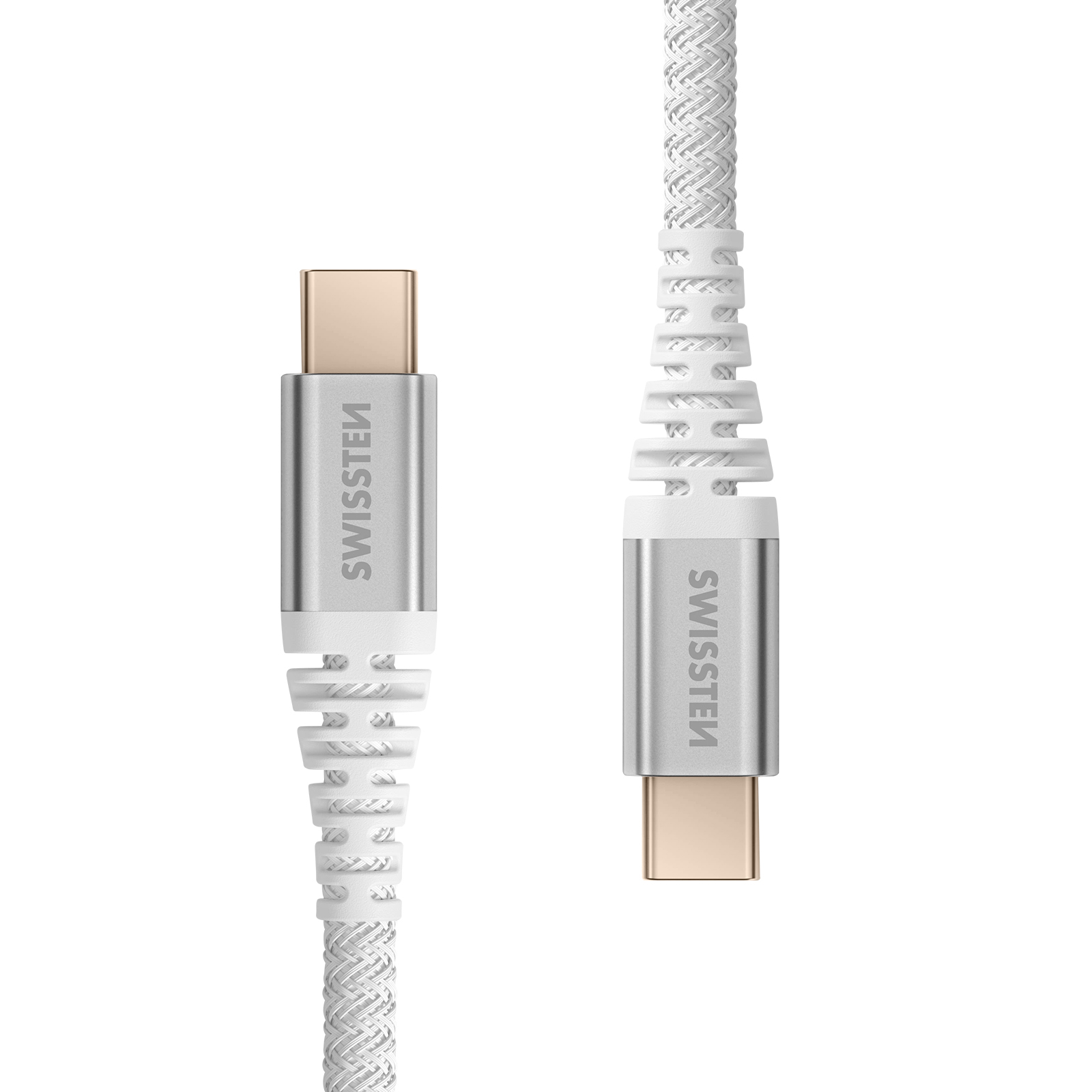 Due cavi USB-C, intrecciati bianchi, con connettori argentati. I connettori hanno punte dorate e il marchio SWISSTEN.