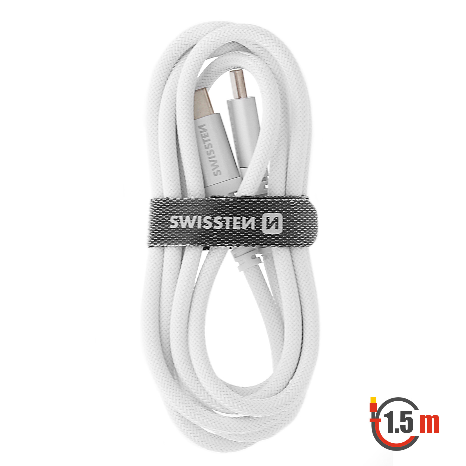 Cavo di ricarica bianco intrecciato con connettori USB-C, tenuto insieme da una fascia nera con il logo "SWISS TEN". Un'etichetta da 1,5 m è in basso.