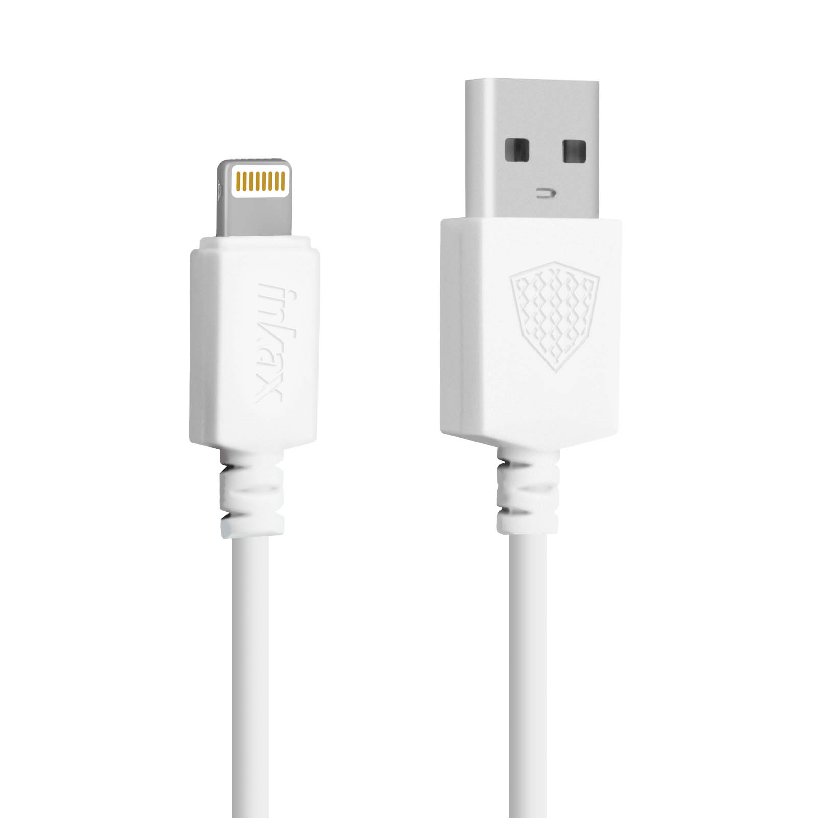 Un câble de charge blanc avec un connecteur USB et Lightning. Le câble a le logo 'infax'.