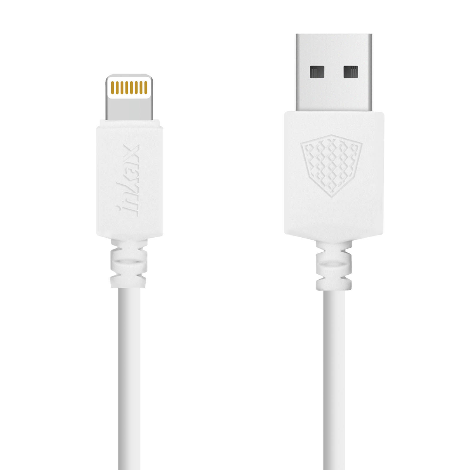 Câble de charge blanc avec connecteur Lightning et USB-A. Le câble porte le logo "inkax".