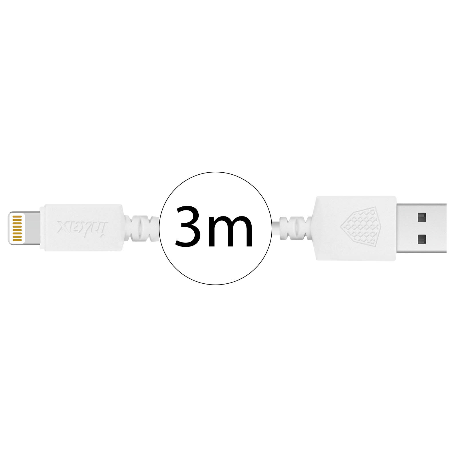 Câble USB blanc avec connecteurs Lightning et USB-A, 3 m de long. Un cercle blanc avec "3m" au milieu.
