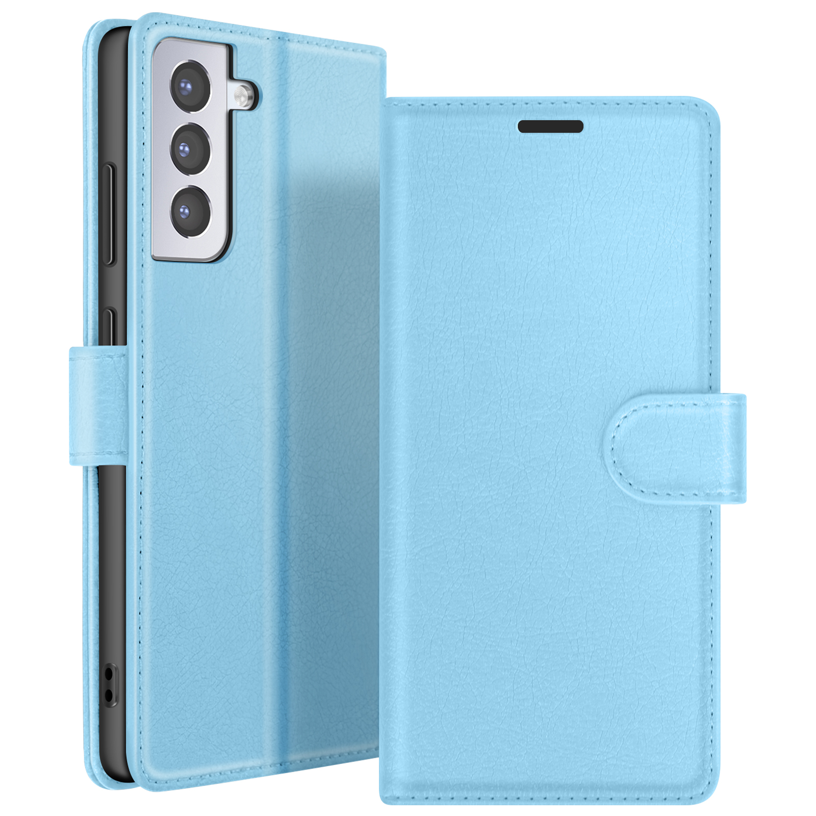 Un étui de téléphone bleu clair, ouvert, montrant un téléphone. L'étui a une surface texturée et une fermeture magnétique.
