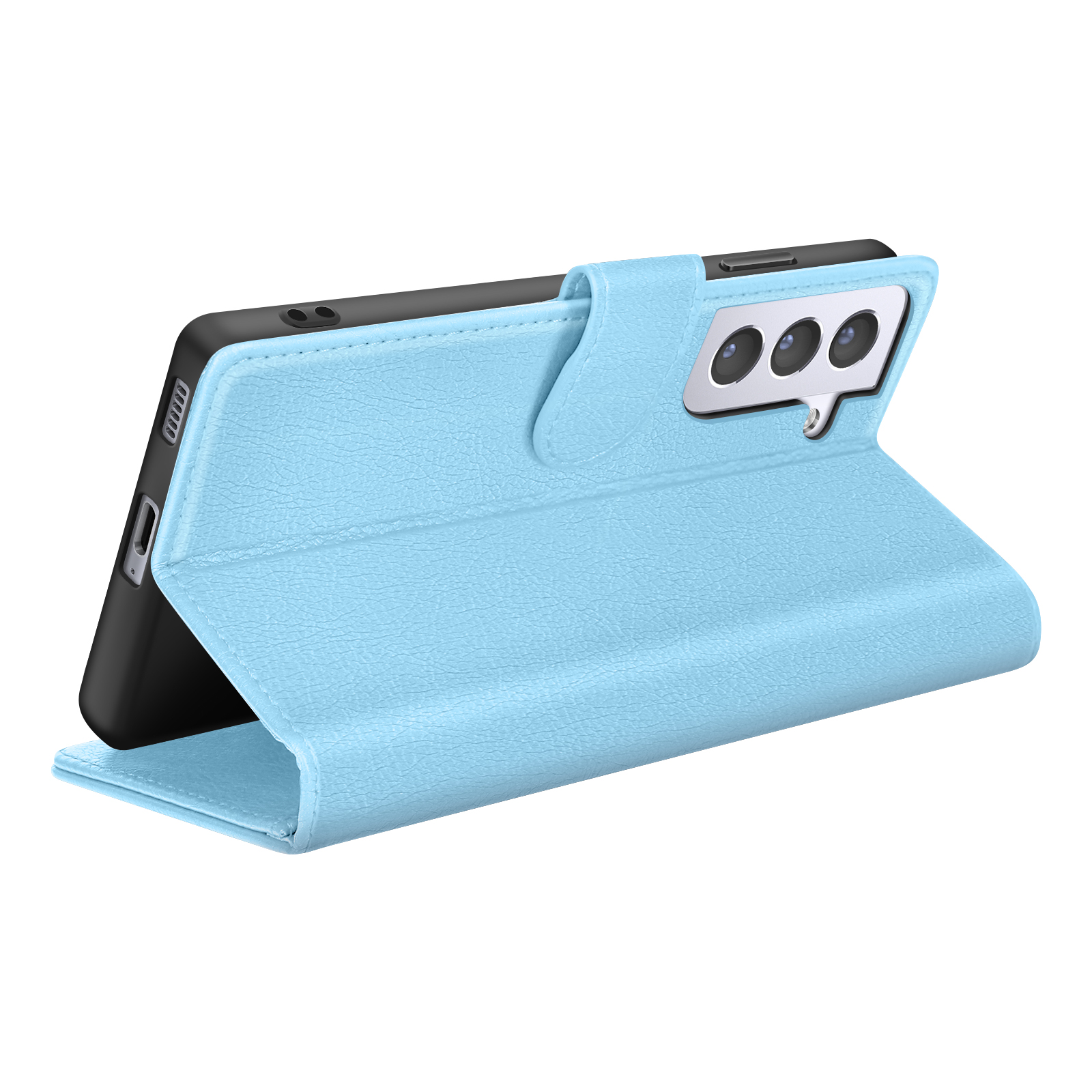 Un étui de téléphone bleu clair avec un téléphone noir à l'intérieur. L'étui est ouvert, montrant la caméra.