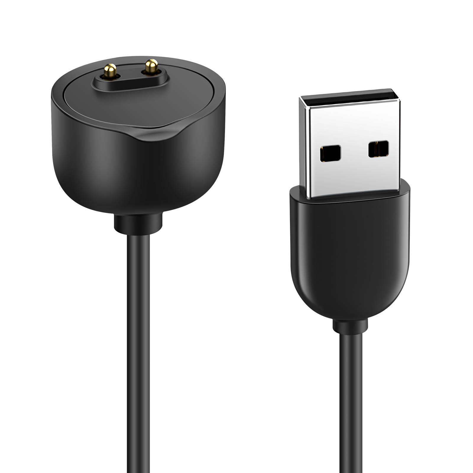 Un cavo di ricarica nero con un connettore USB a destra e una base di ricarica con pin dorati a sinistra.