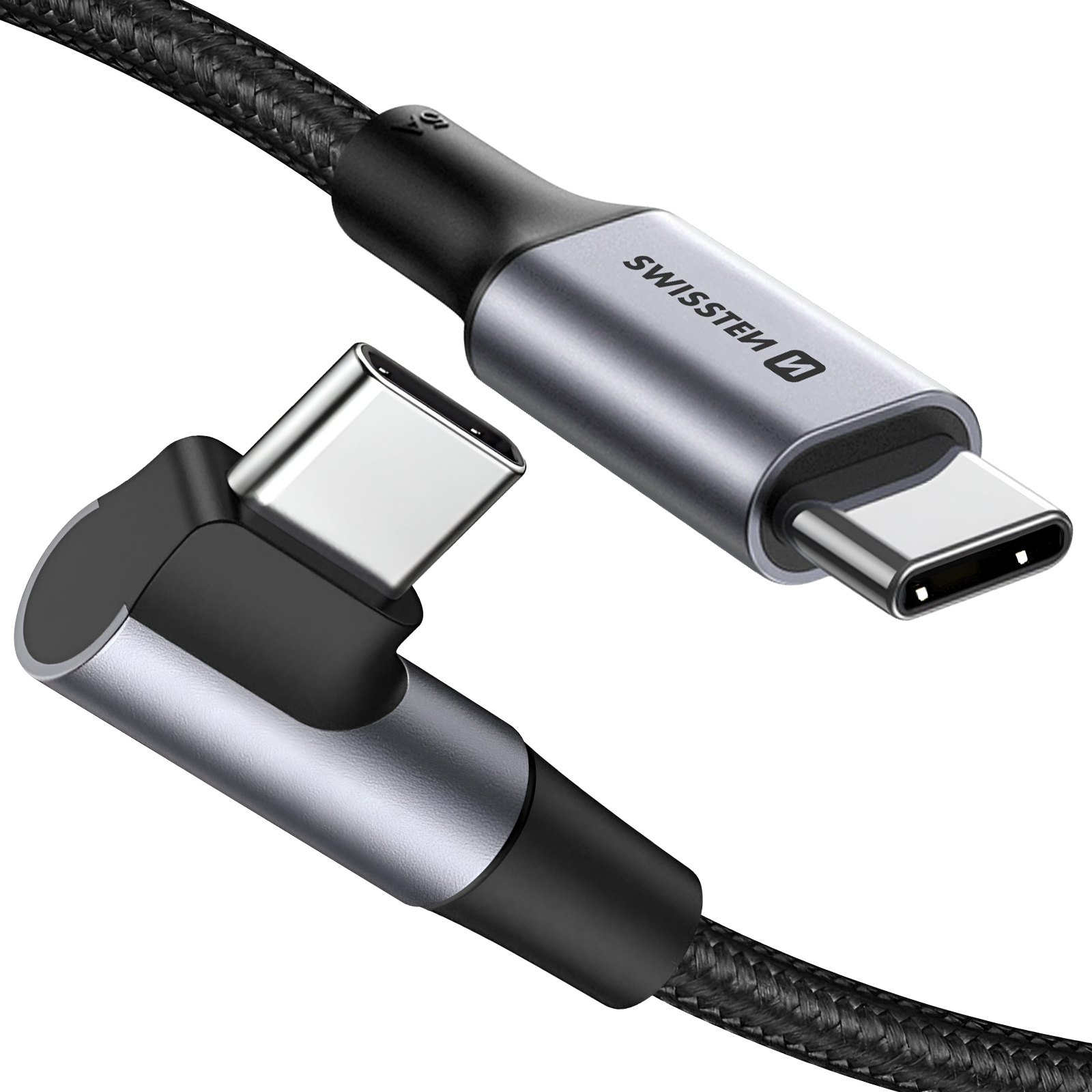 Due cavi USB-C con cavo intrecciato nero. Un connettore angolato. Connettori argento e neri. Il marchio è SwissTen.