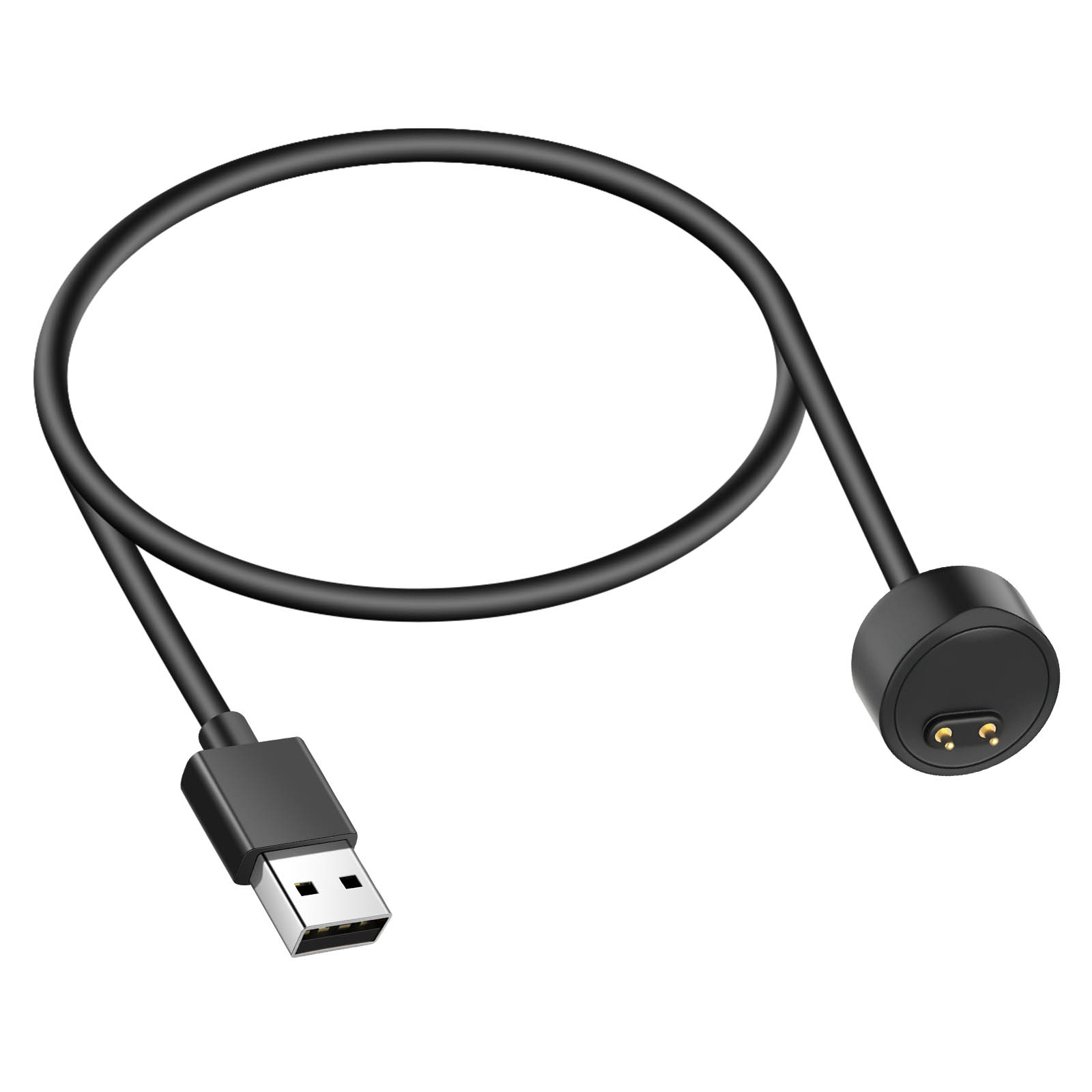 Un cavo di ricarica nero con connettore USB e testina di ricarica. Sfondo bianco.