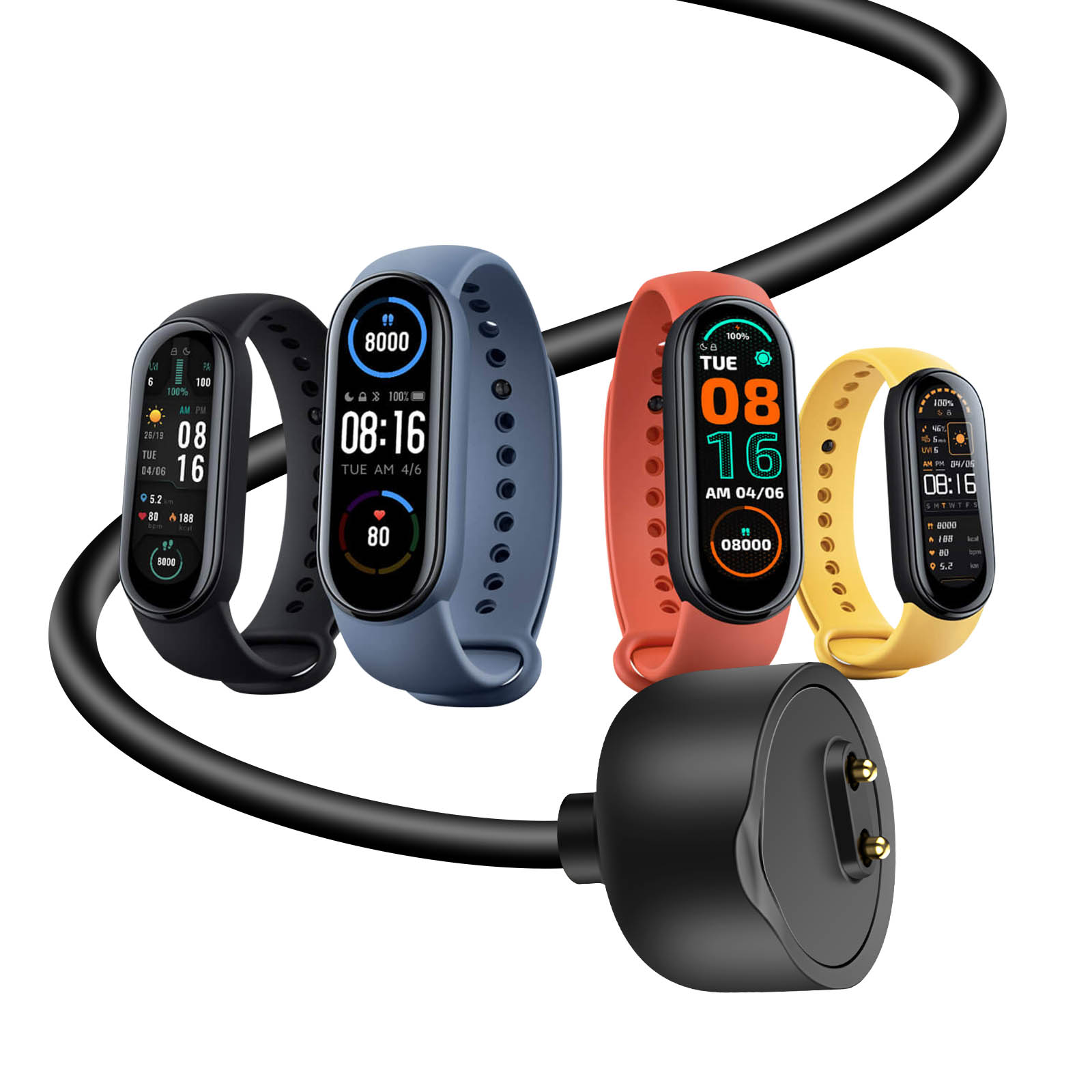 Quattro smartwatch neri, blu, arancioni e gialli collegati a un cavo di ricarica nero, che mostrano ora e statistiche.